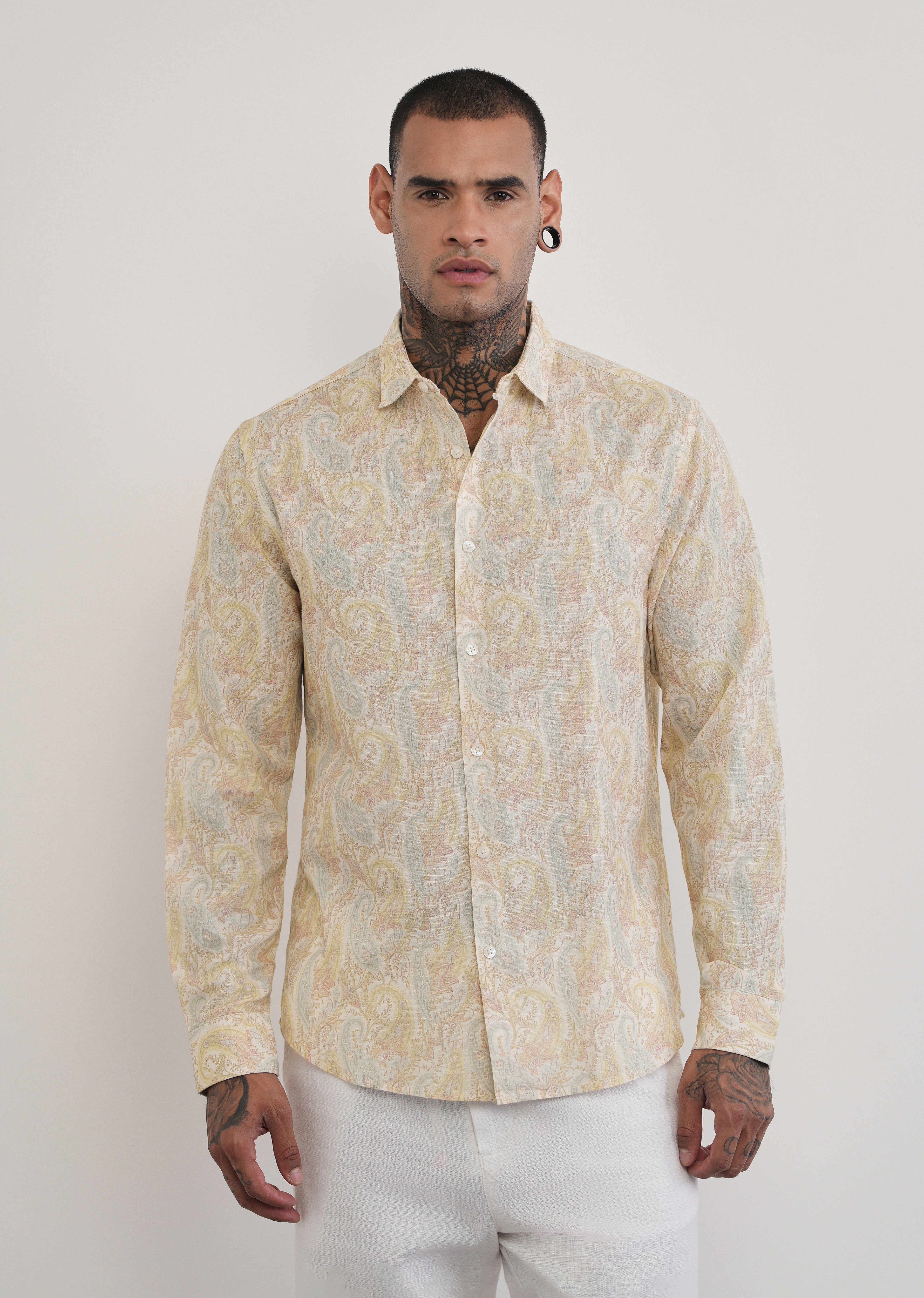 Beige Paisley Print Cotton Linen Shirt