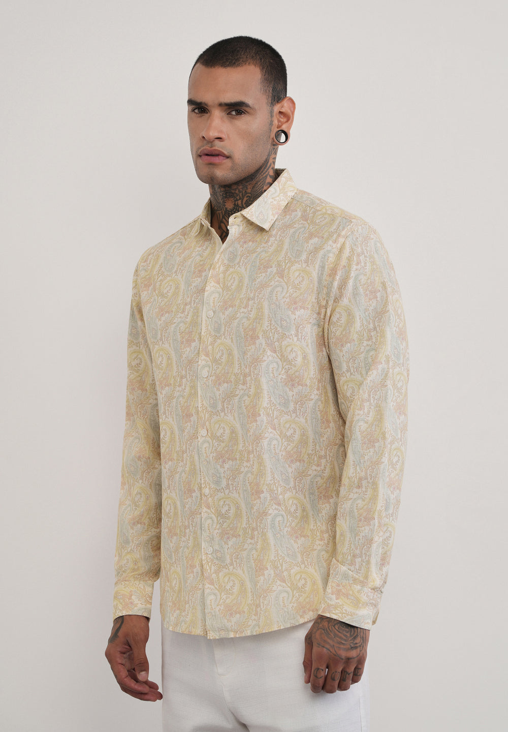 Beige Paisley Print Cotton Linen Shirt