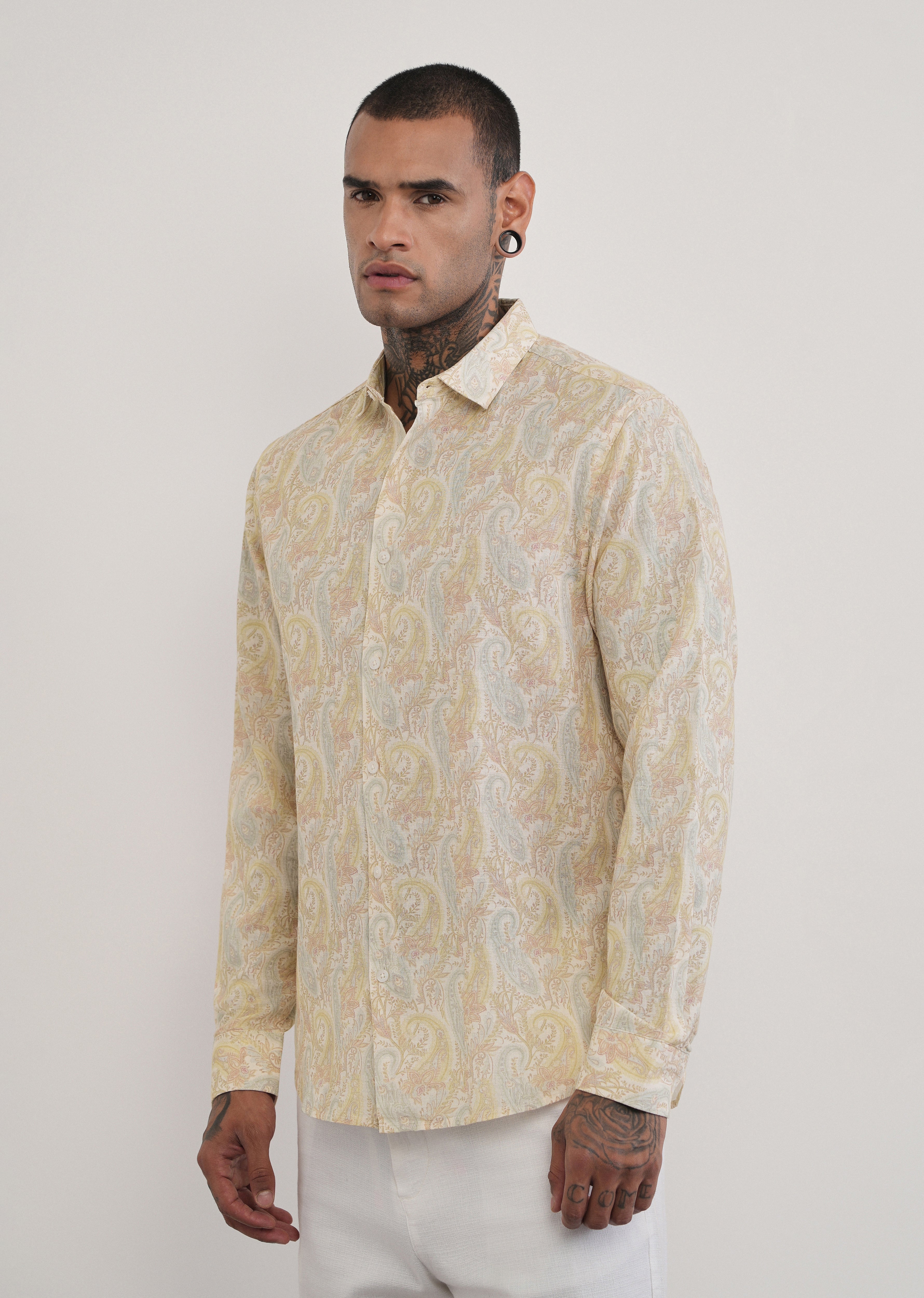 Beige Paisley Print Cotton Linen Shirt