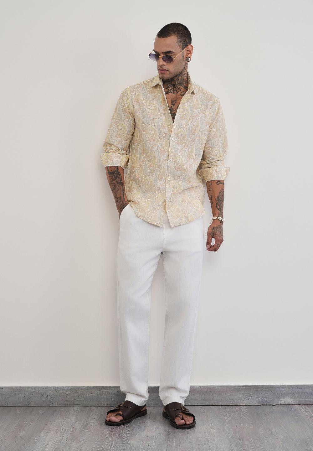 Beige Paisley Print Cotton Linen Shirt