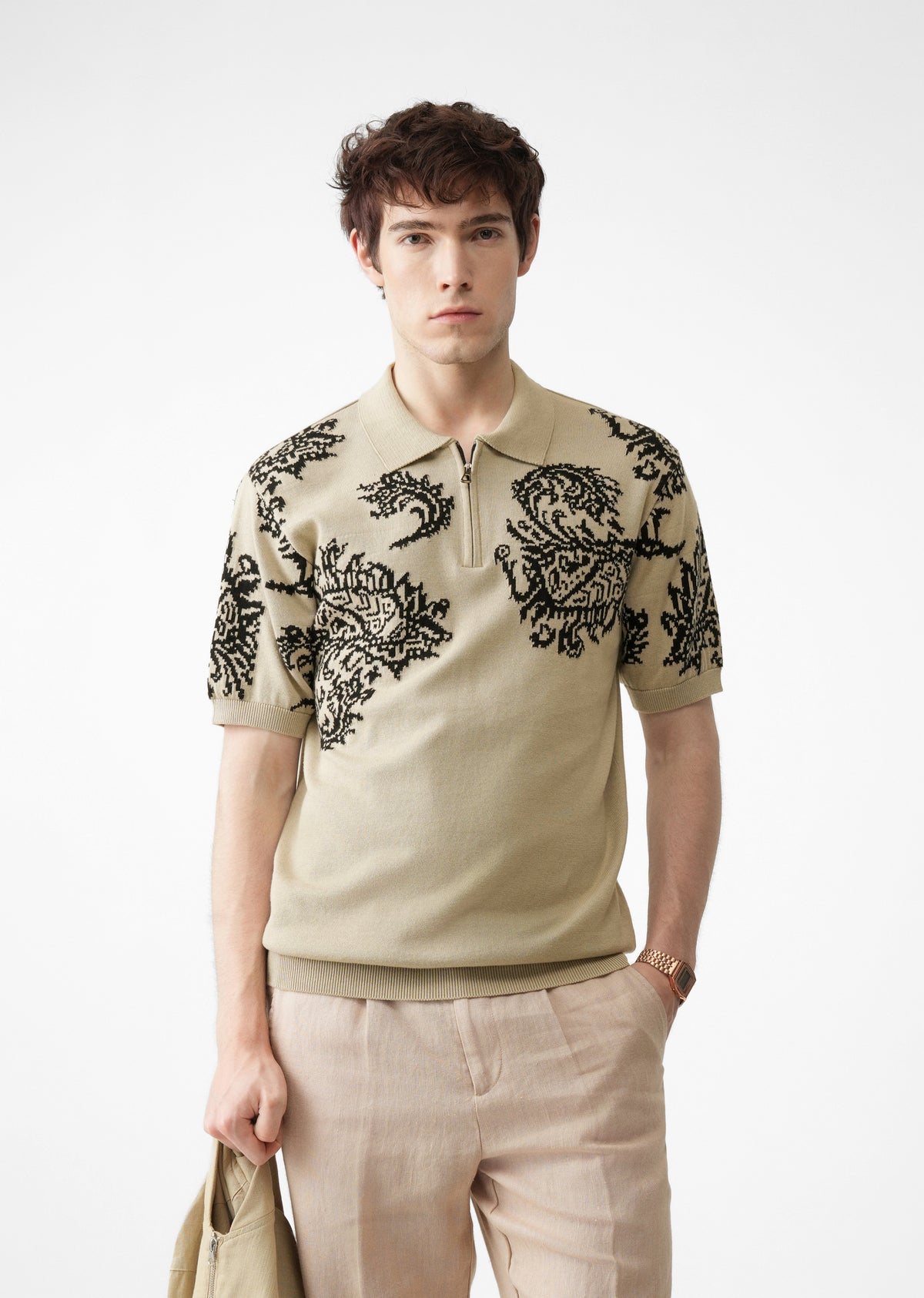 Beige Paisley Quarter Zipper Polo