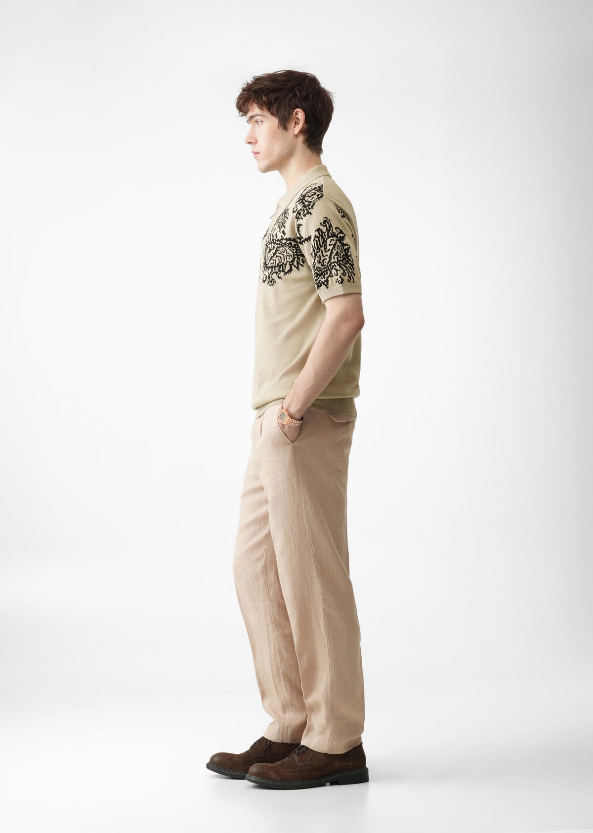 Beige Paisley Quarter Zipper Polo