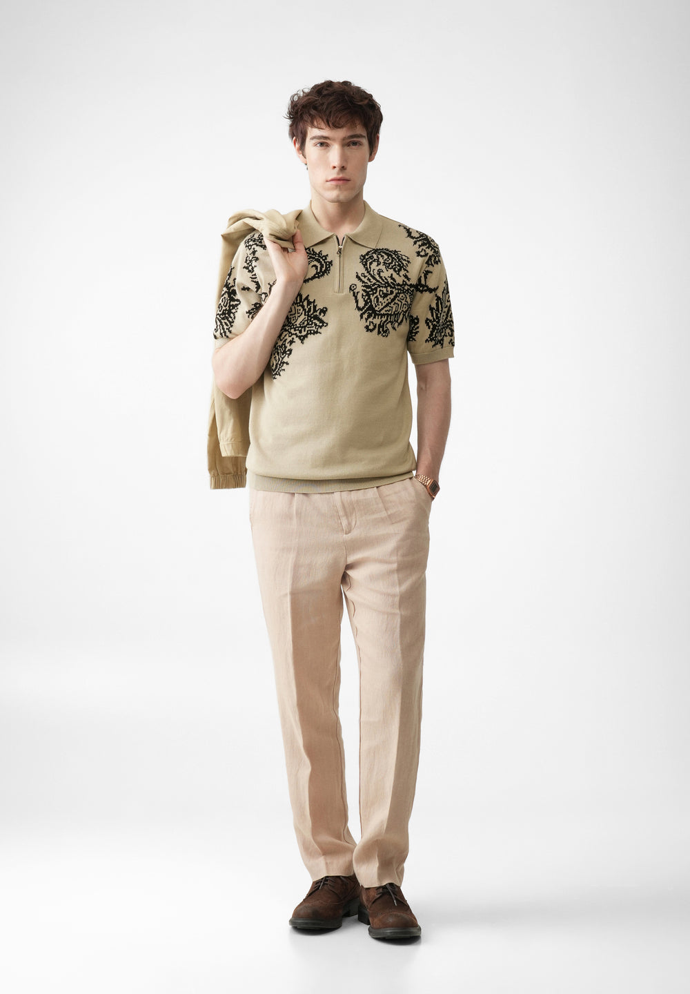 Beige Paisley Quarter Zipper Polo