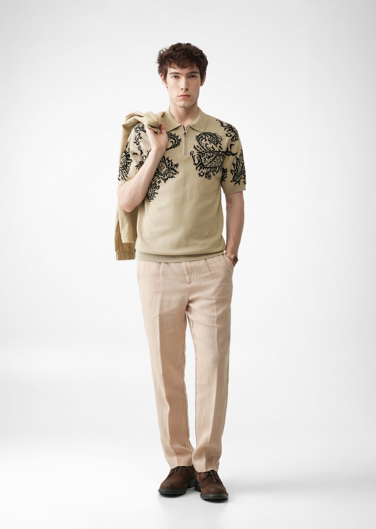 Beige Paisley Quarter Zipper Polo