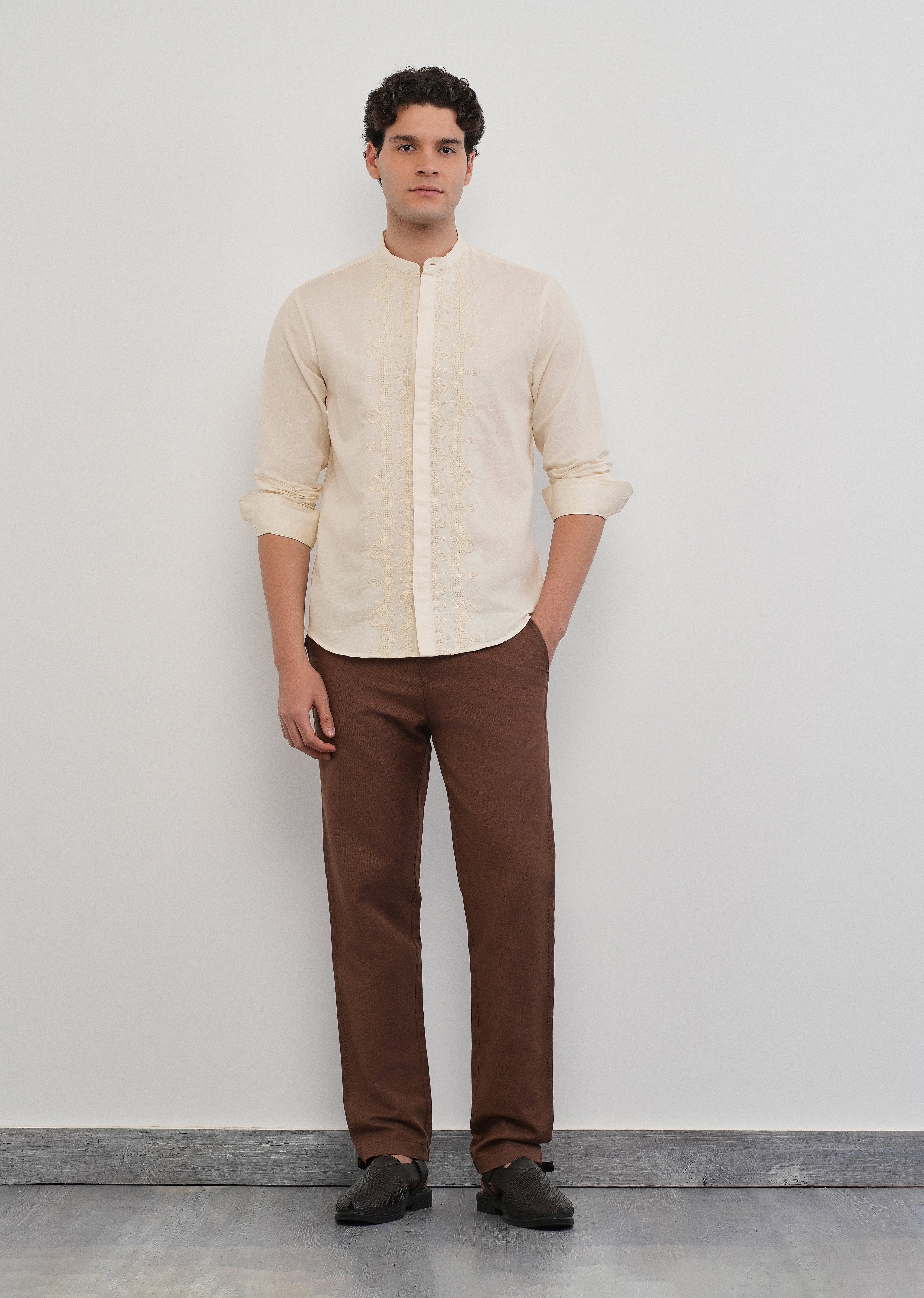 Beige Panel Embroidery Shirt