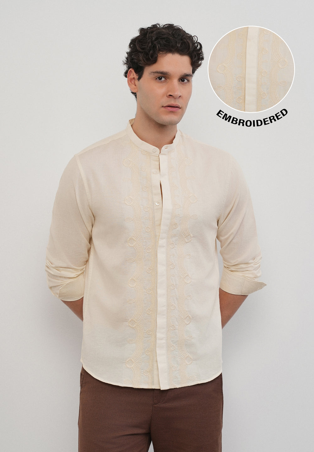 Beige Panel Embroidery Shirt