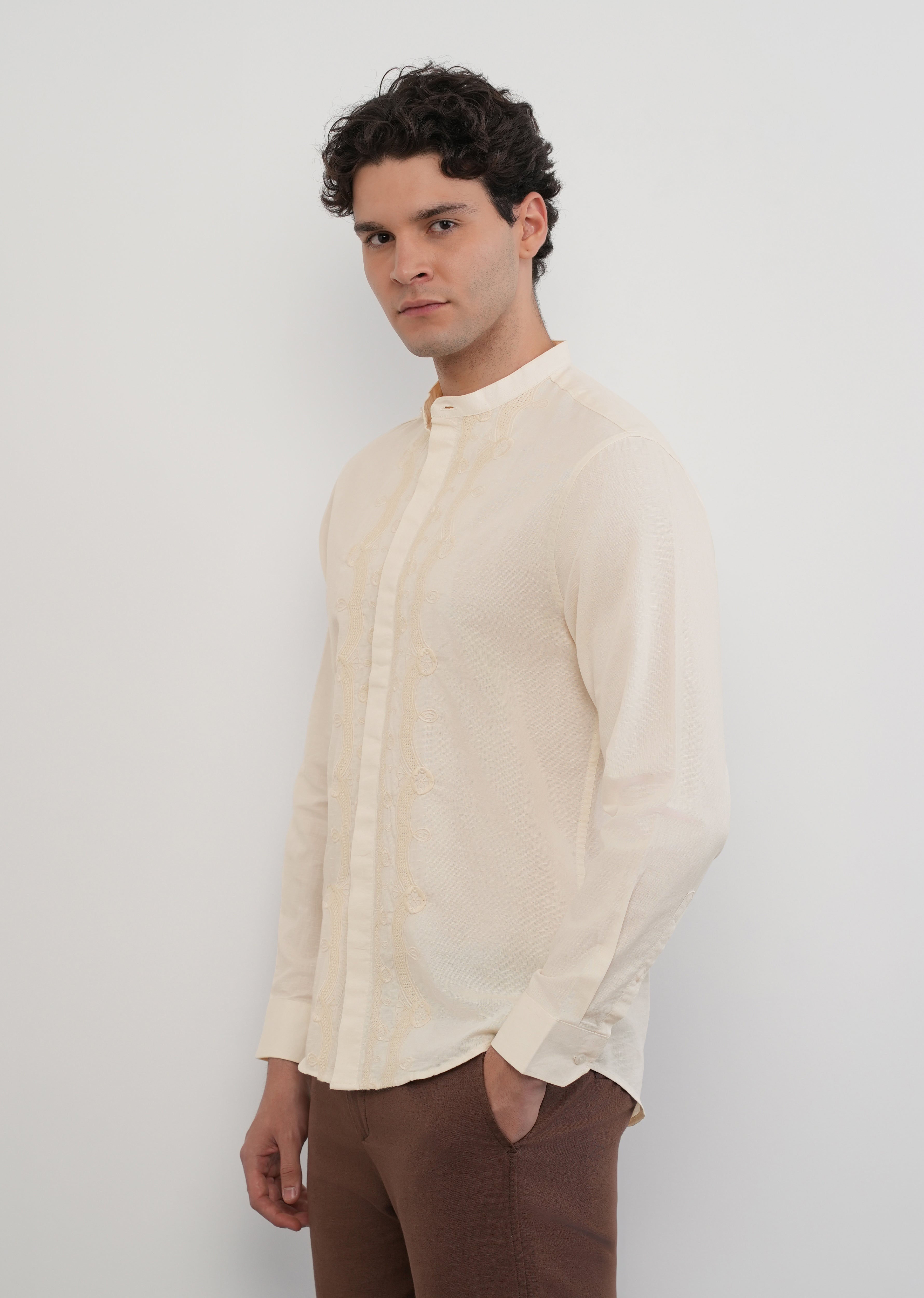 Beige Panel Embroidery Shirt