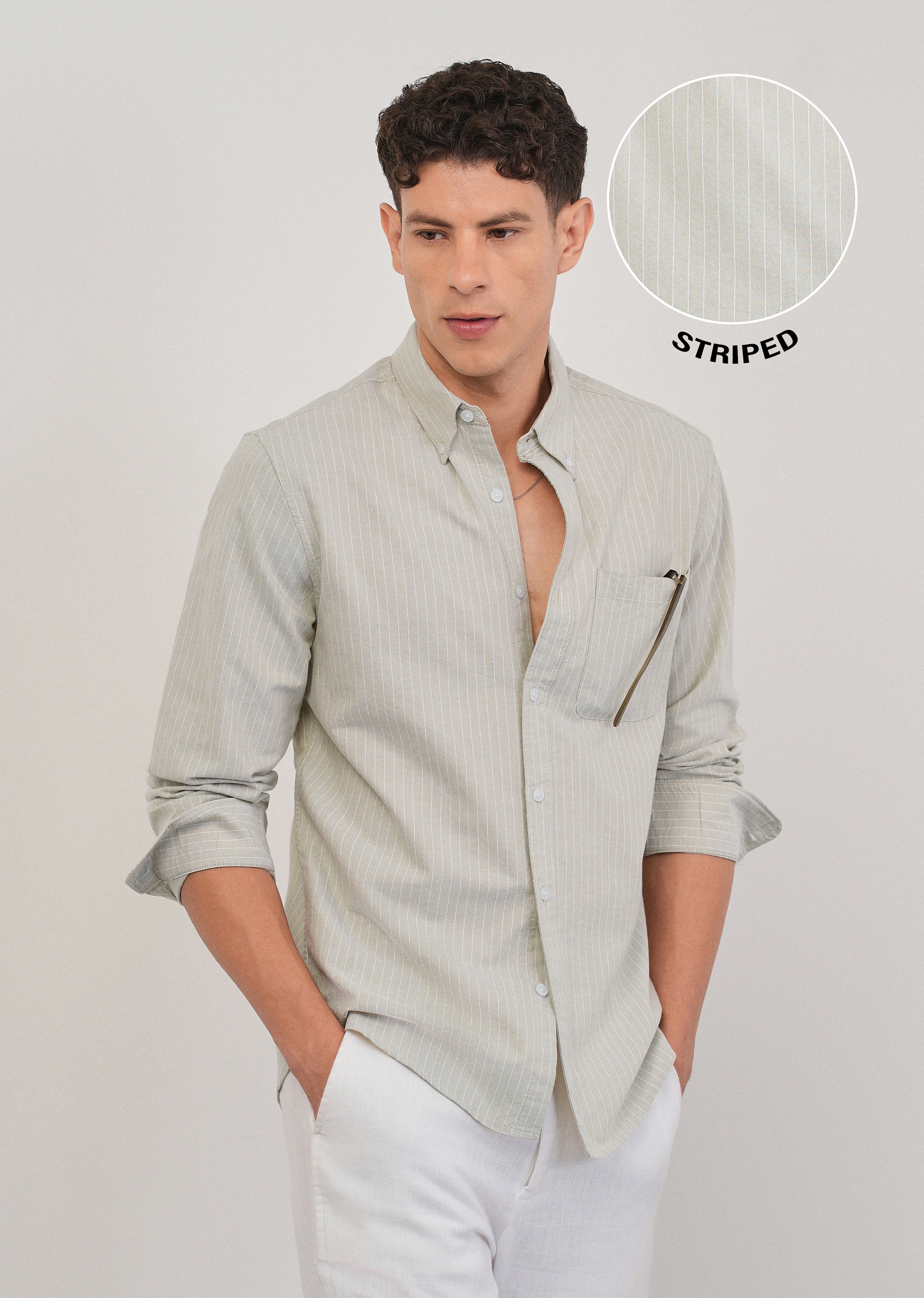 Beige Pinstripe Cotton Shirt