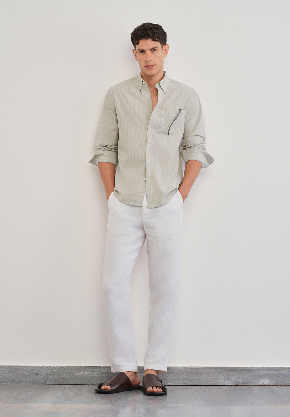 Beige Pinstripe Cotton Shirt