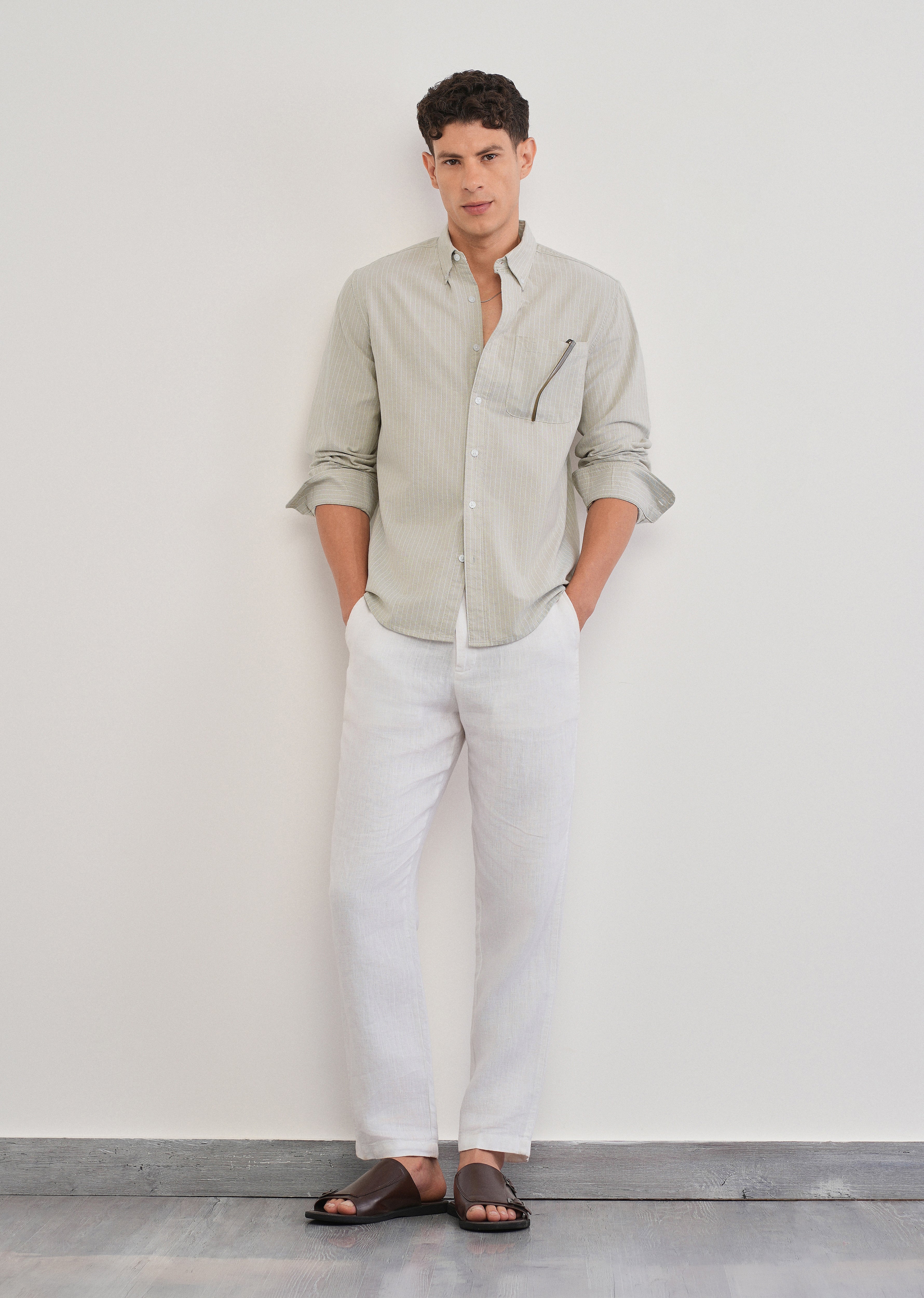 Beige Pinstripe Cotton Shirt