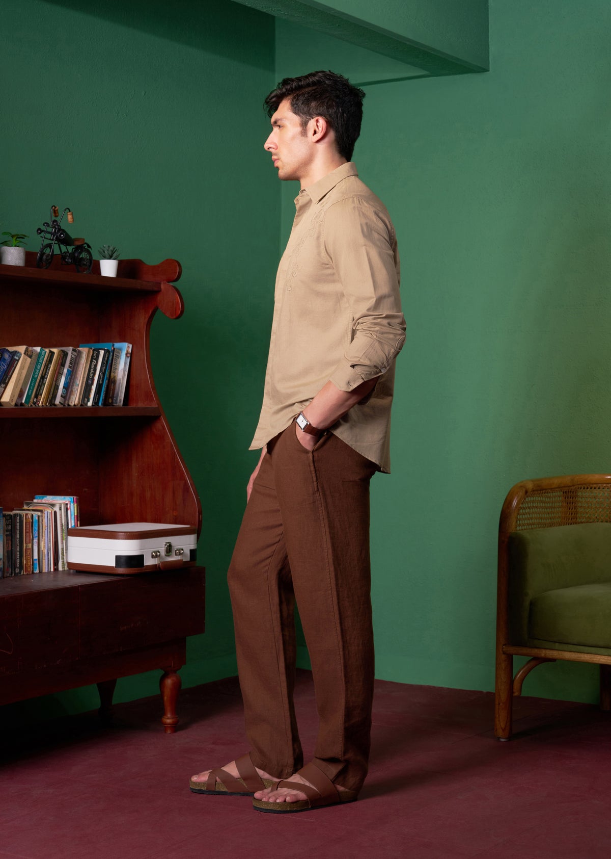 Beige Pintuck Embroidery Linen Shirt