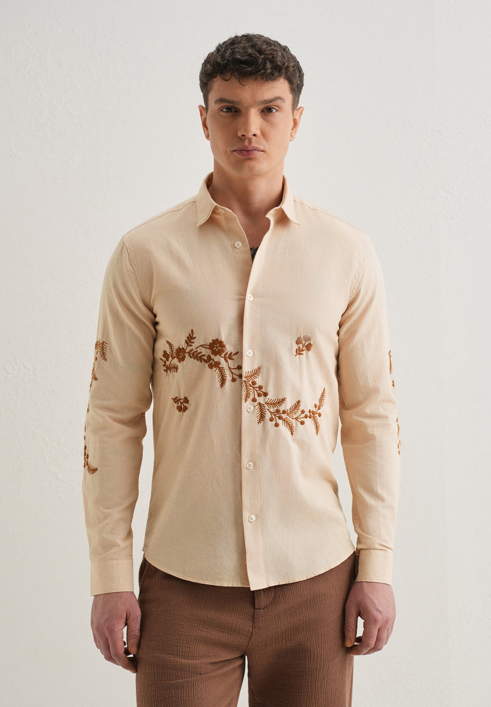 Beige Placement Embroidery Shirt