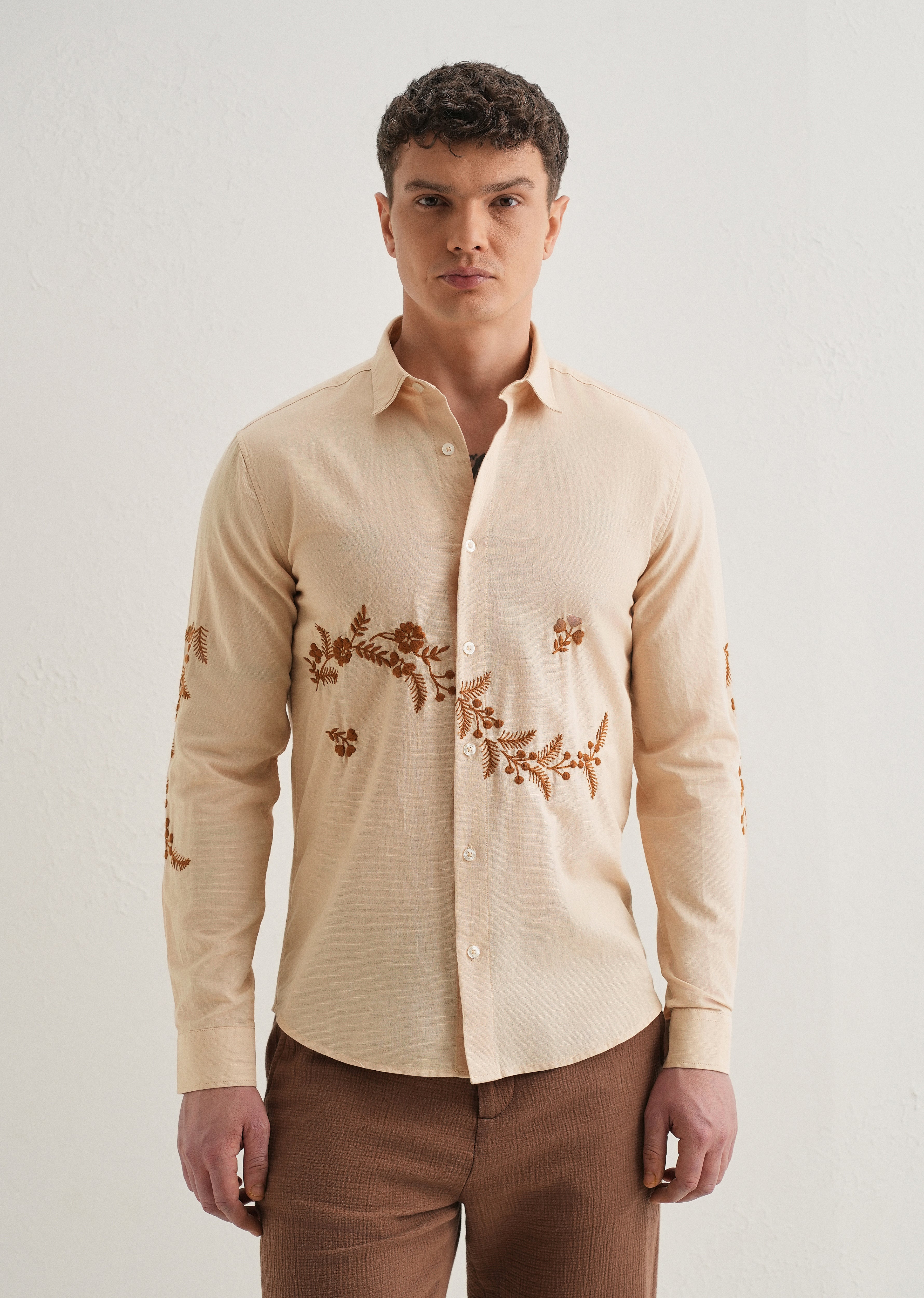 Beige Placement Embroidery Shirt