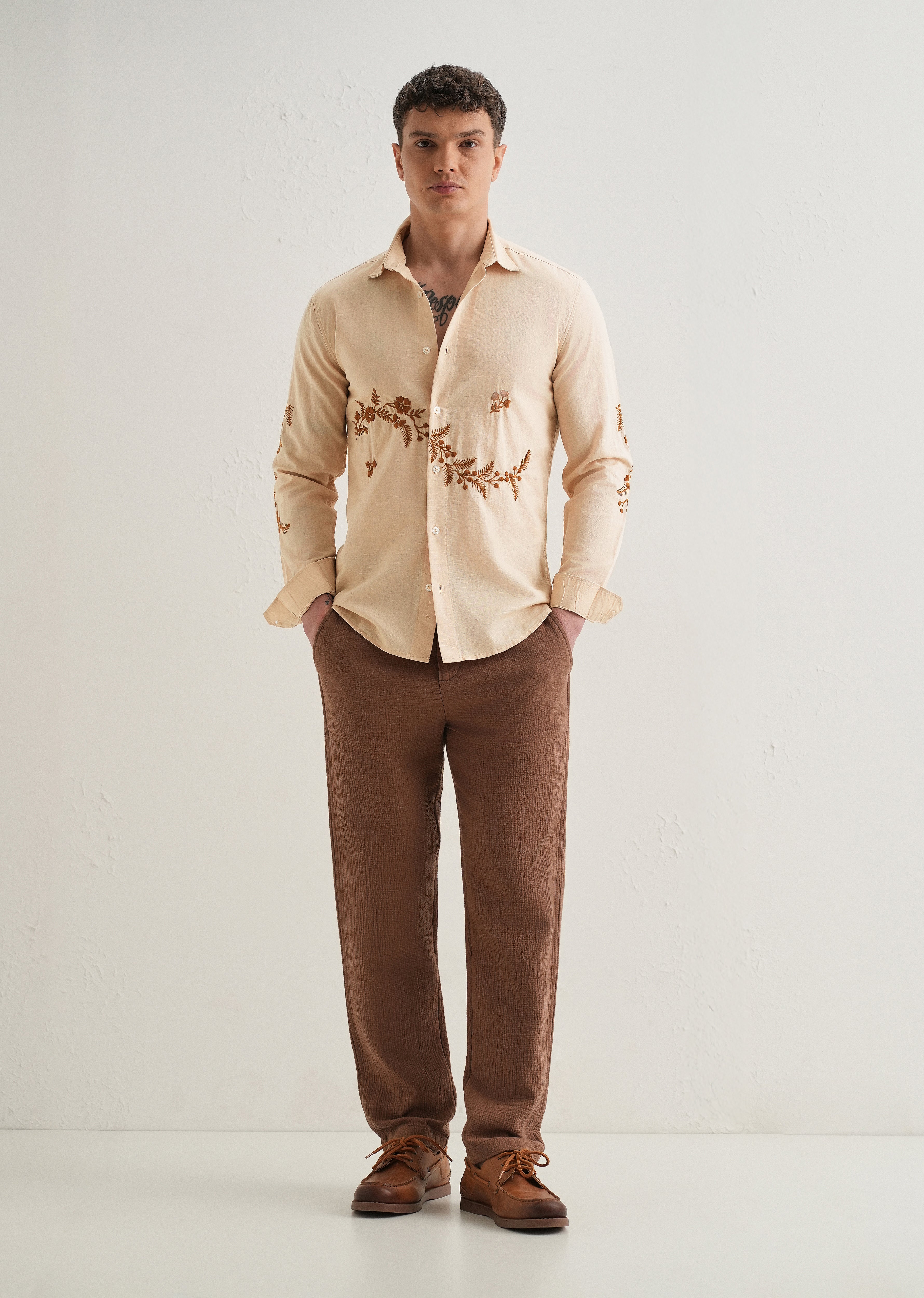 Beige Placement Embroidery Shirt