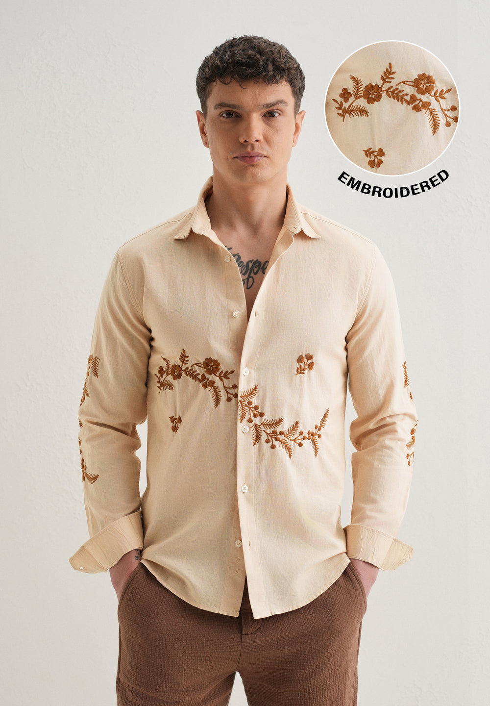 Beige Placement Embroidery Shirt