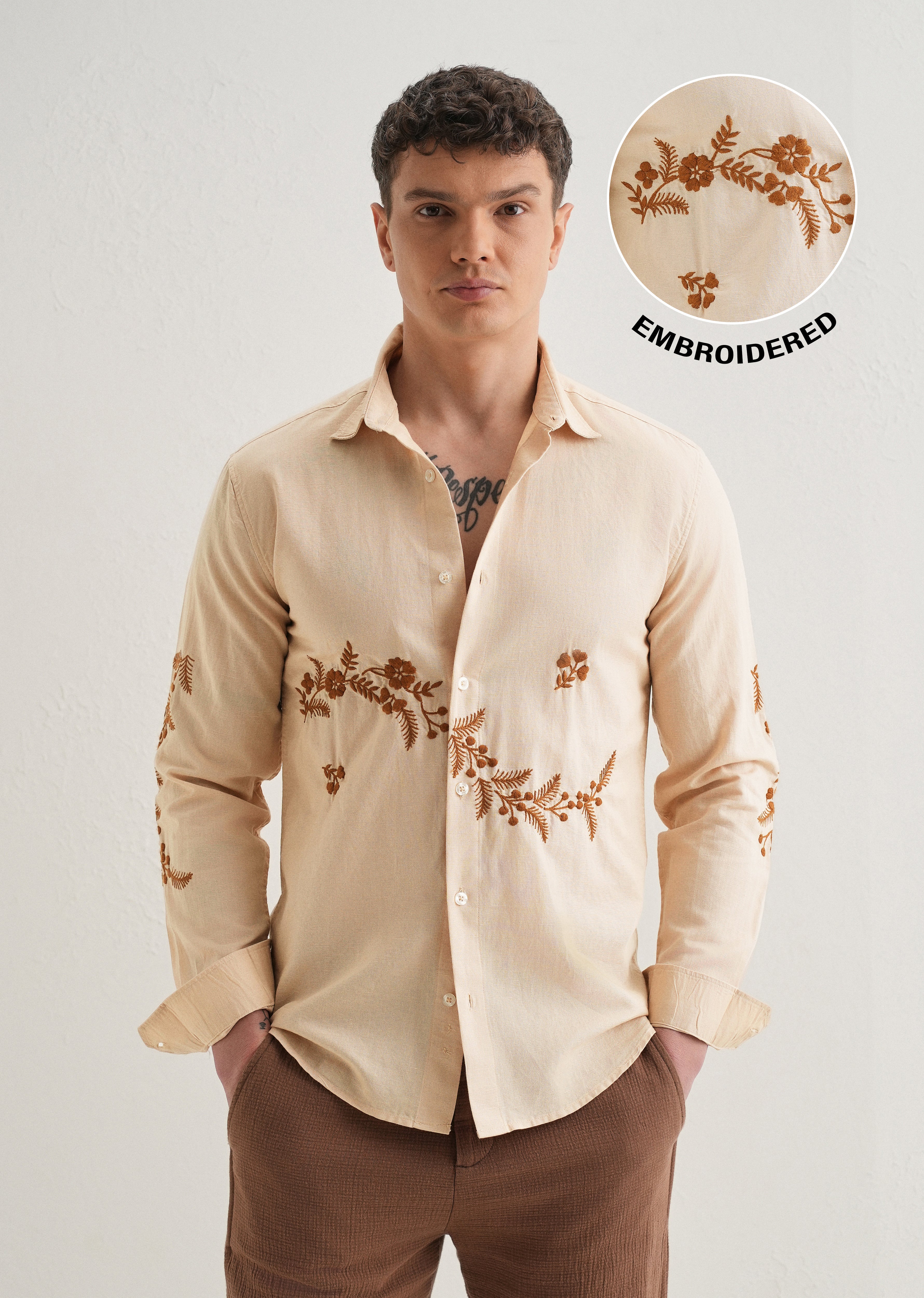 Beige Placement Embroidery Shirt