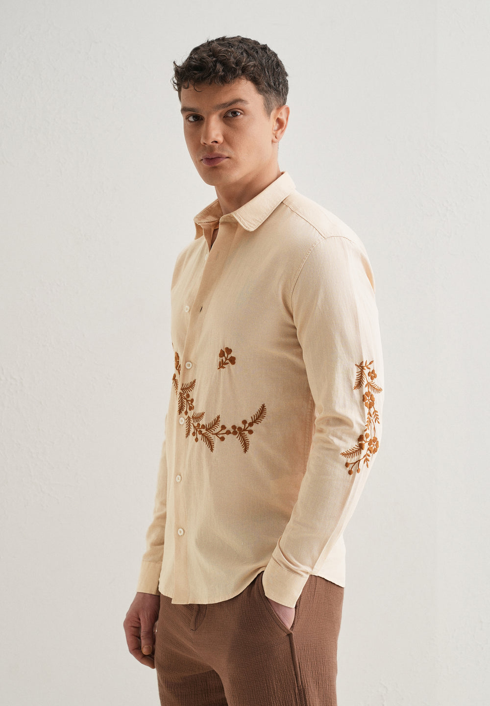 Beige Placement Embroidery Shirt