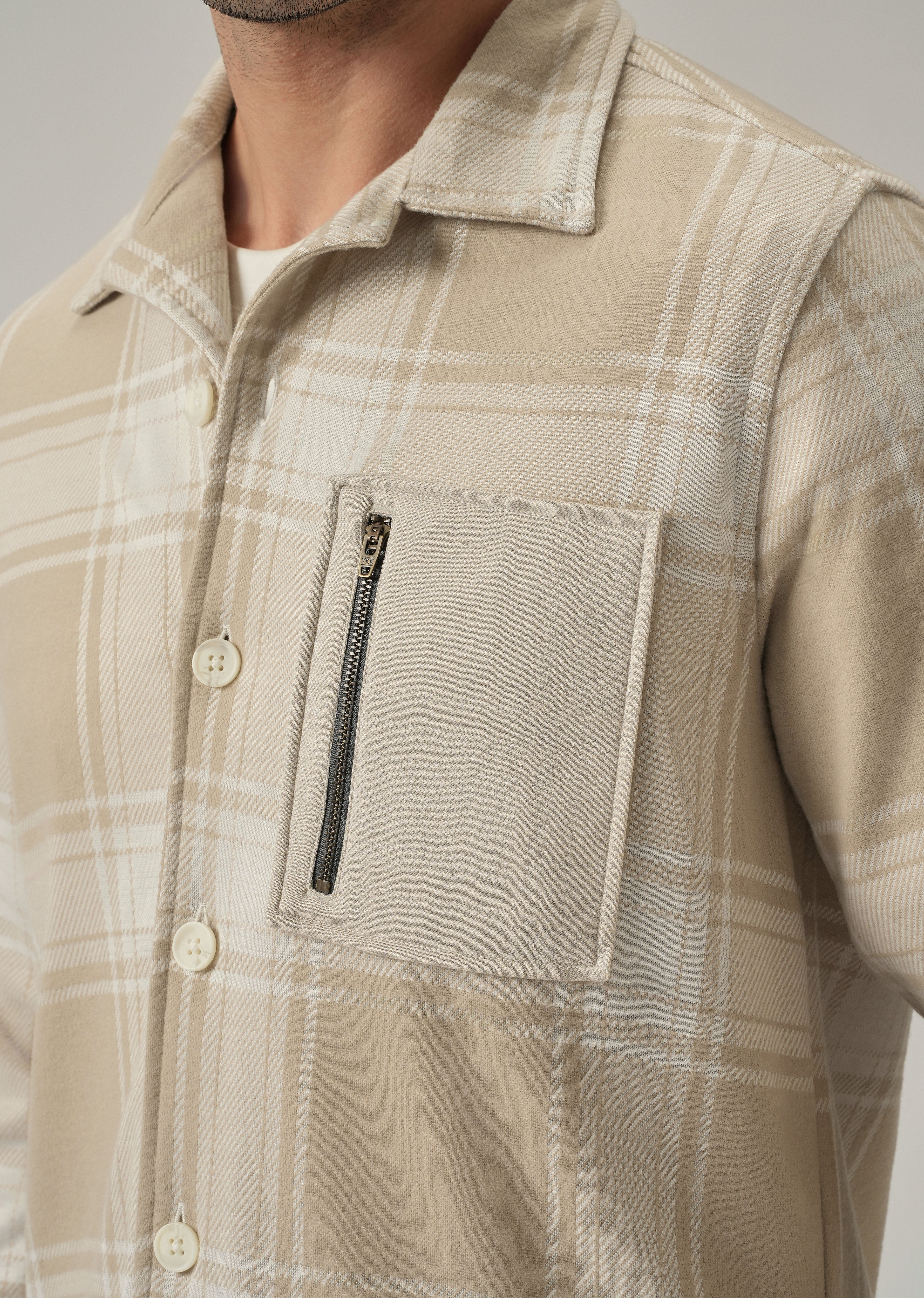 Beige Plaid Zip Pocket Shacket