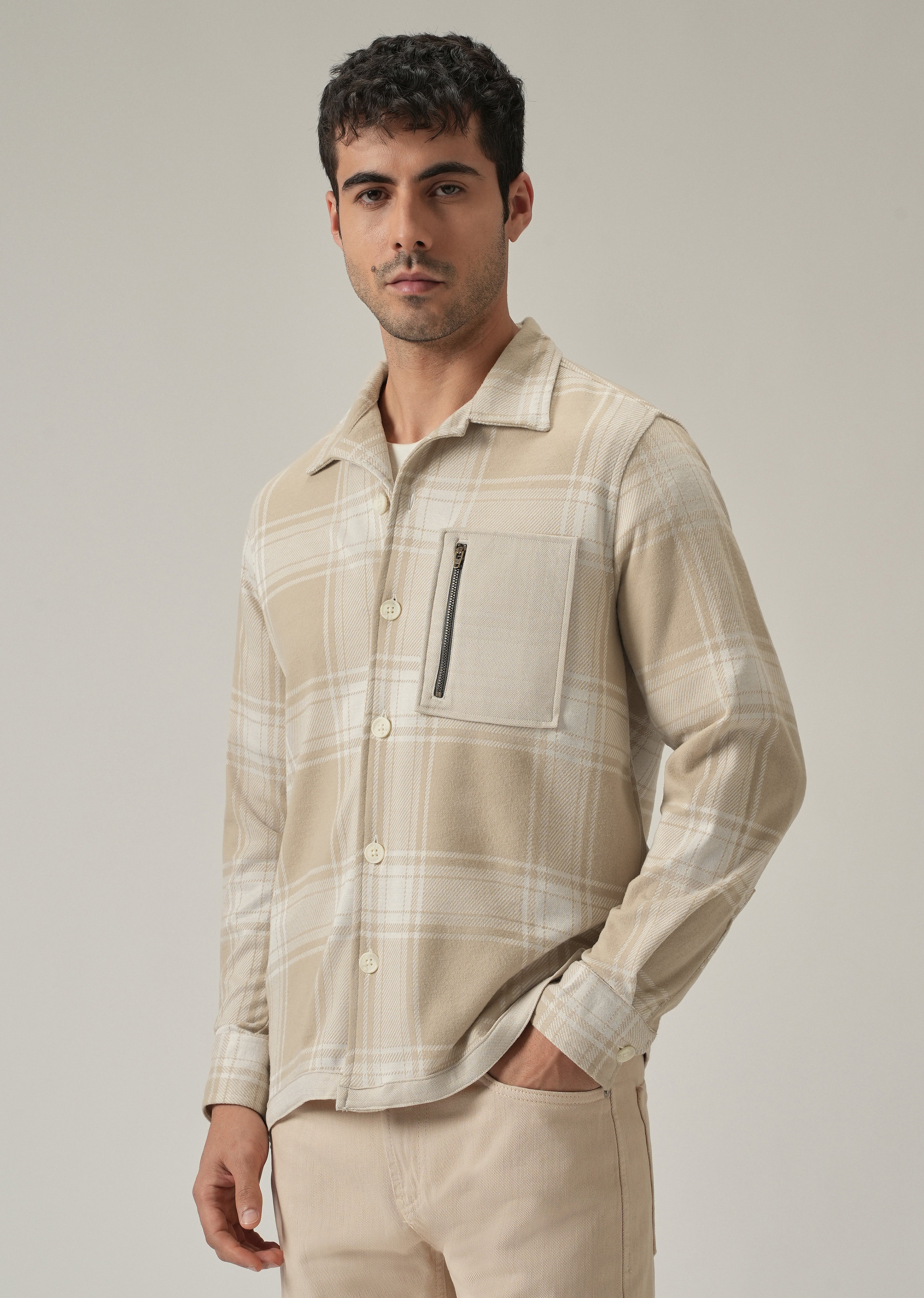 Beige Plaid Zip Pocket Shacket