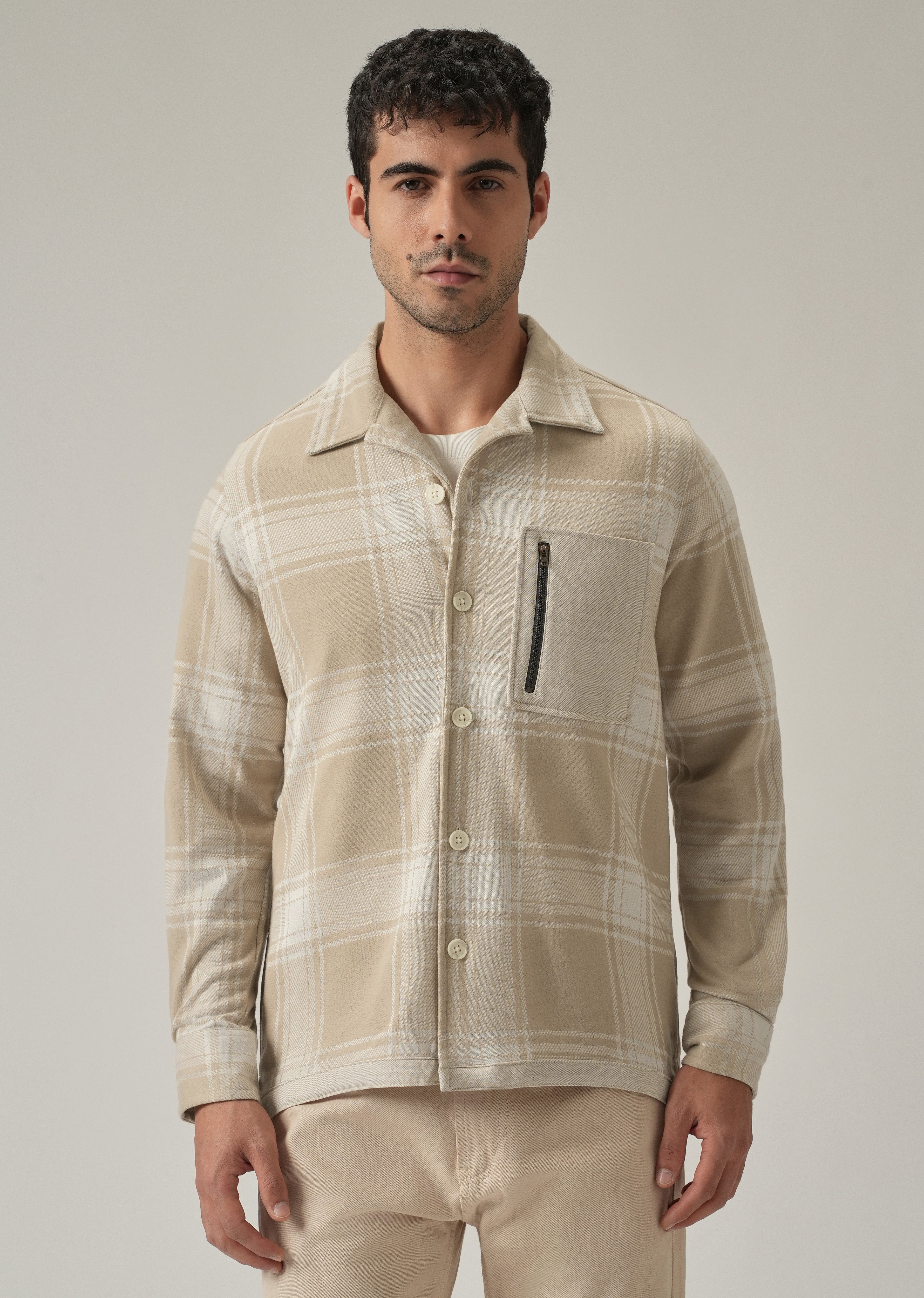 Beige Plaid Zip Pocket Shacket