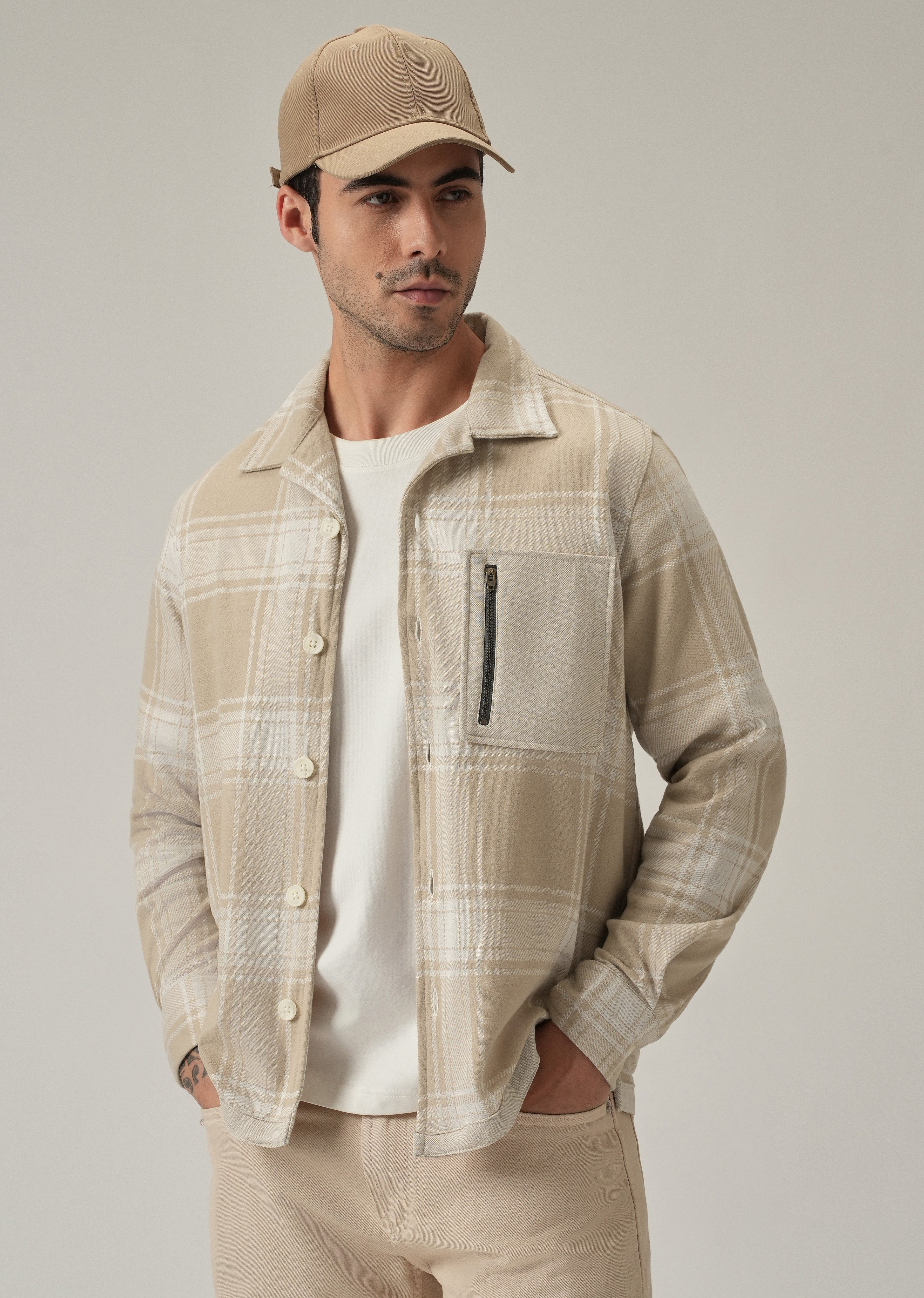 Beige Plaid Zip Pocket Shacket