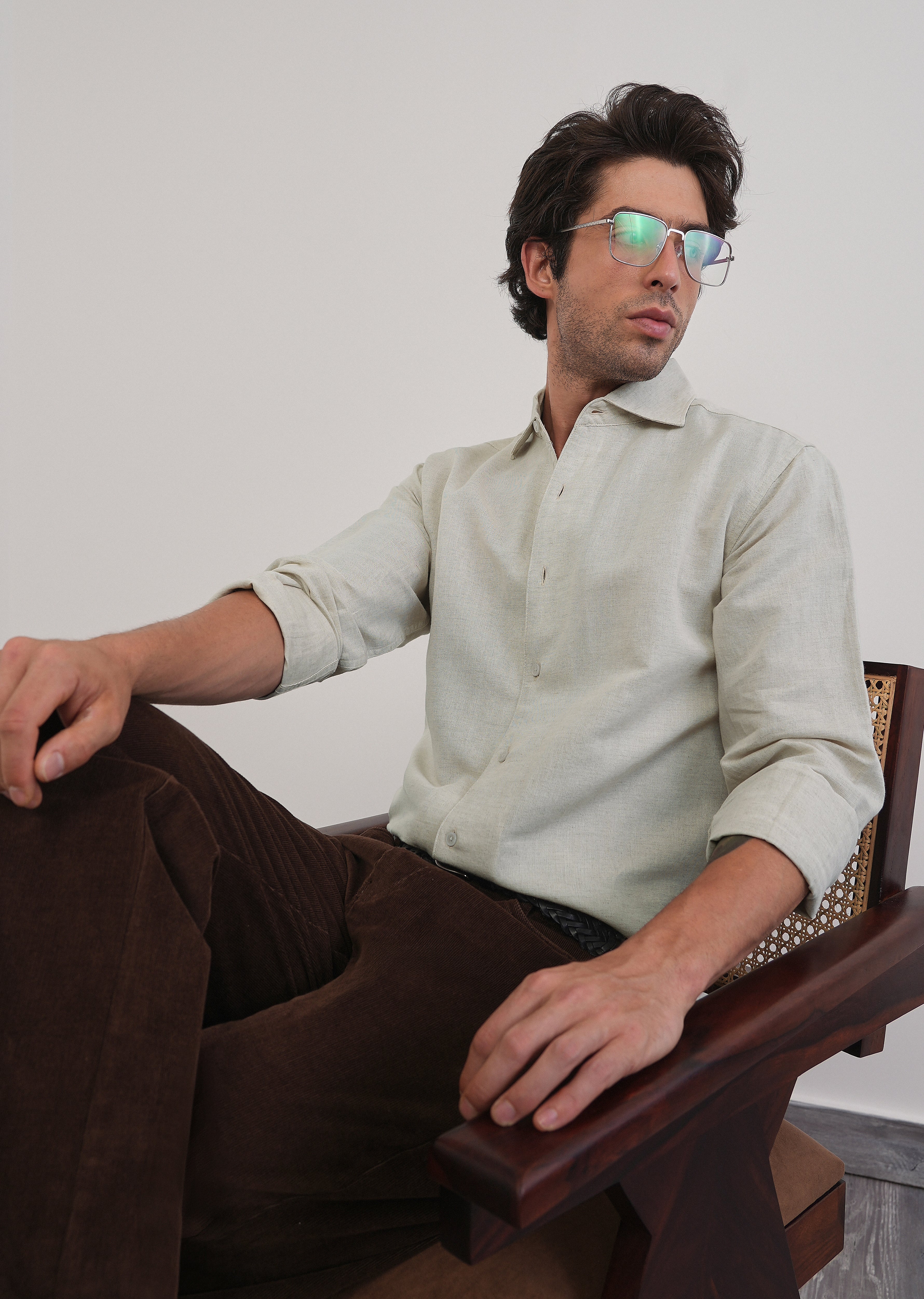 Beige Plain Cotton Linen Shirt