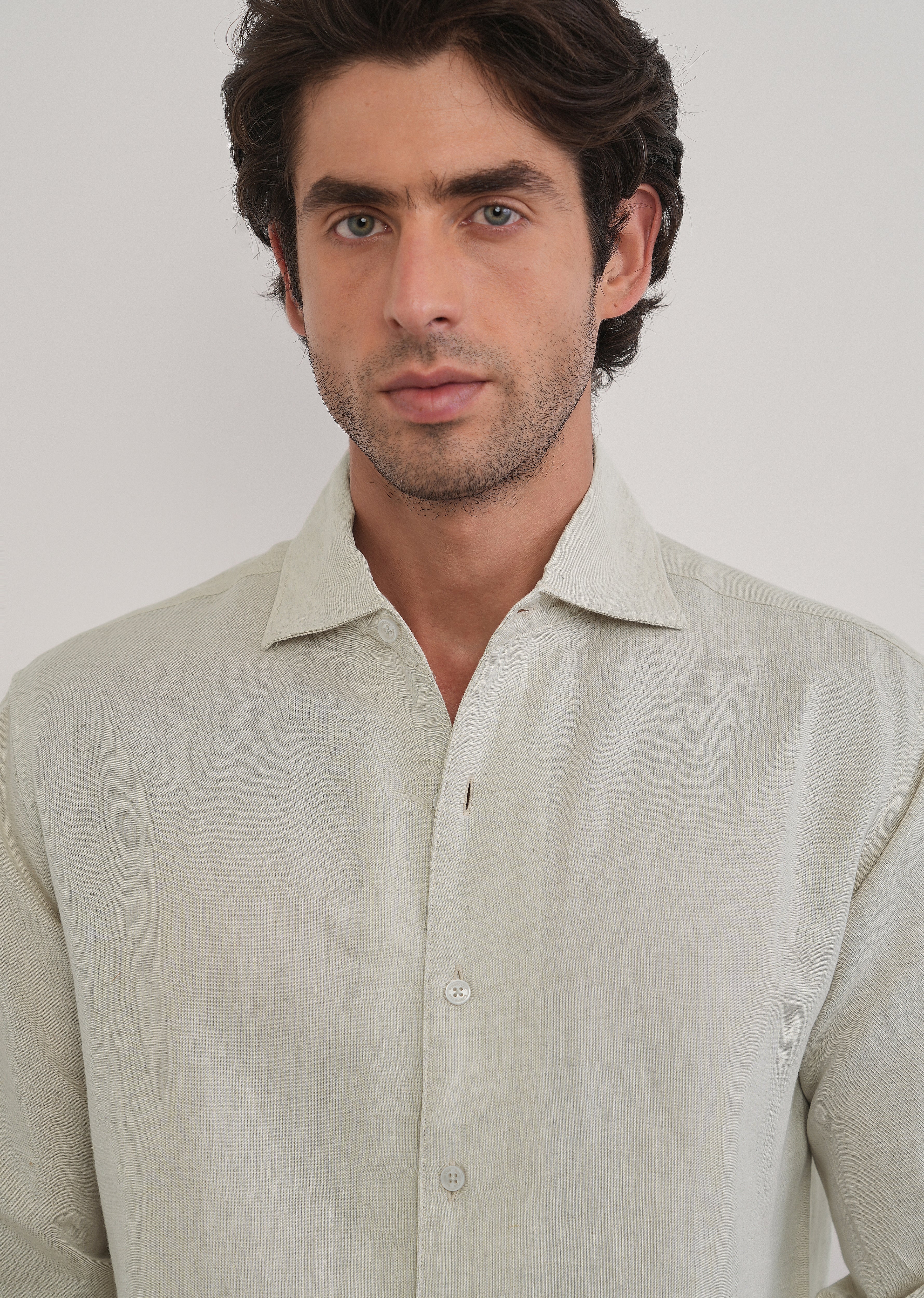 Beige Plain Cotton Linen Shirt