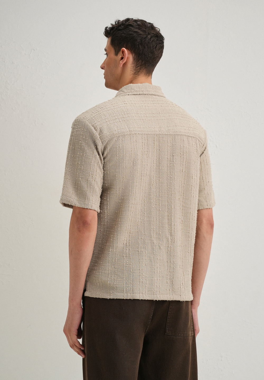 Beige Plain Cuban Collar Knitted Shirt