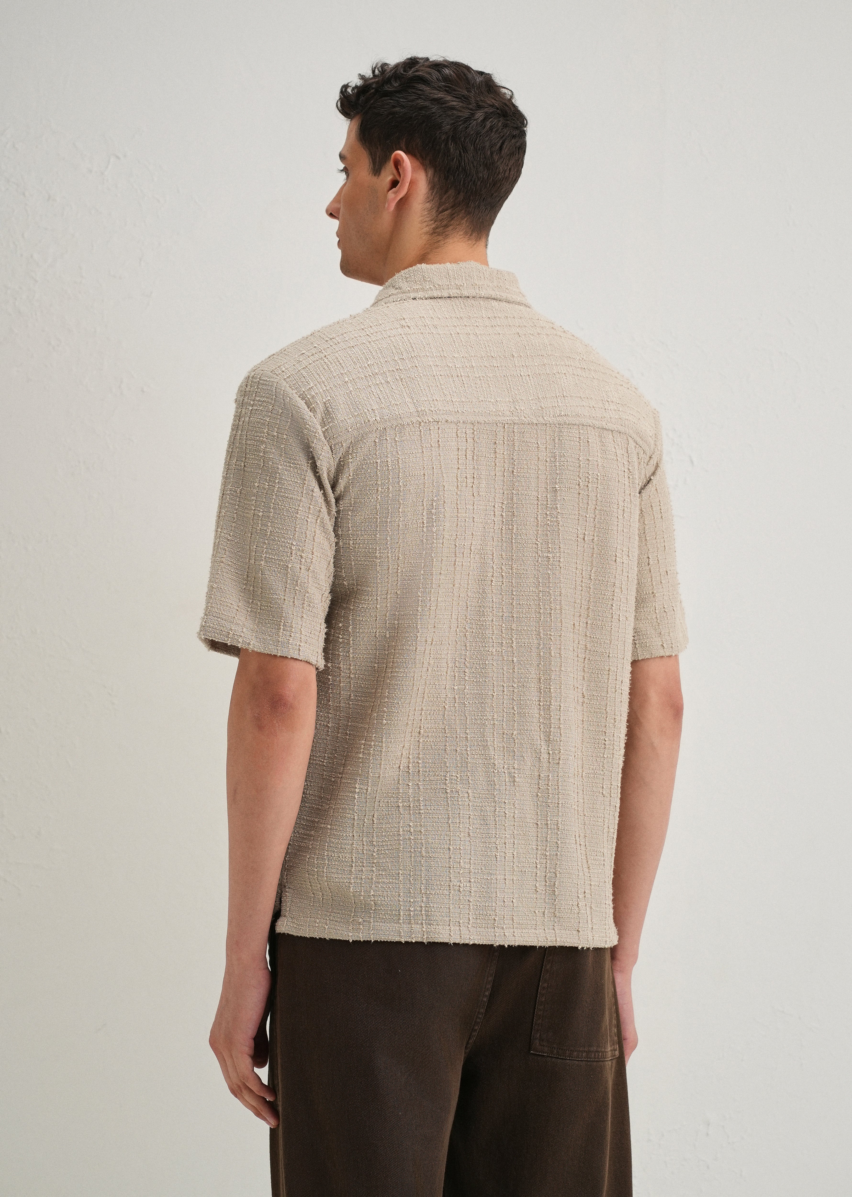 Beige Plain Cuban Collar Knitted Shirt