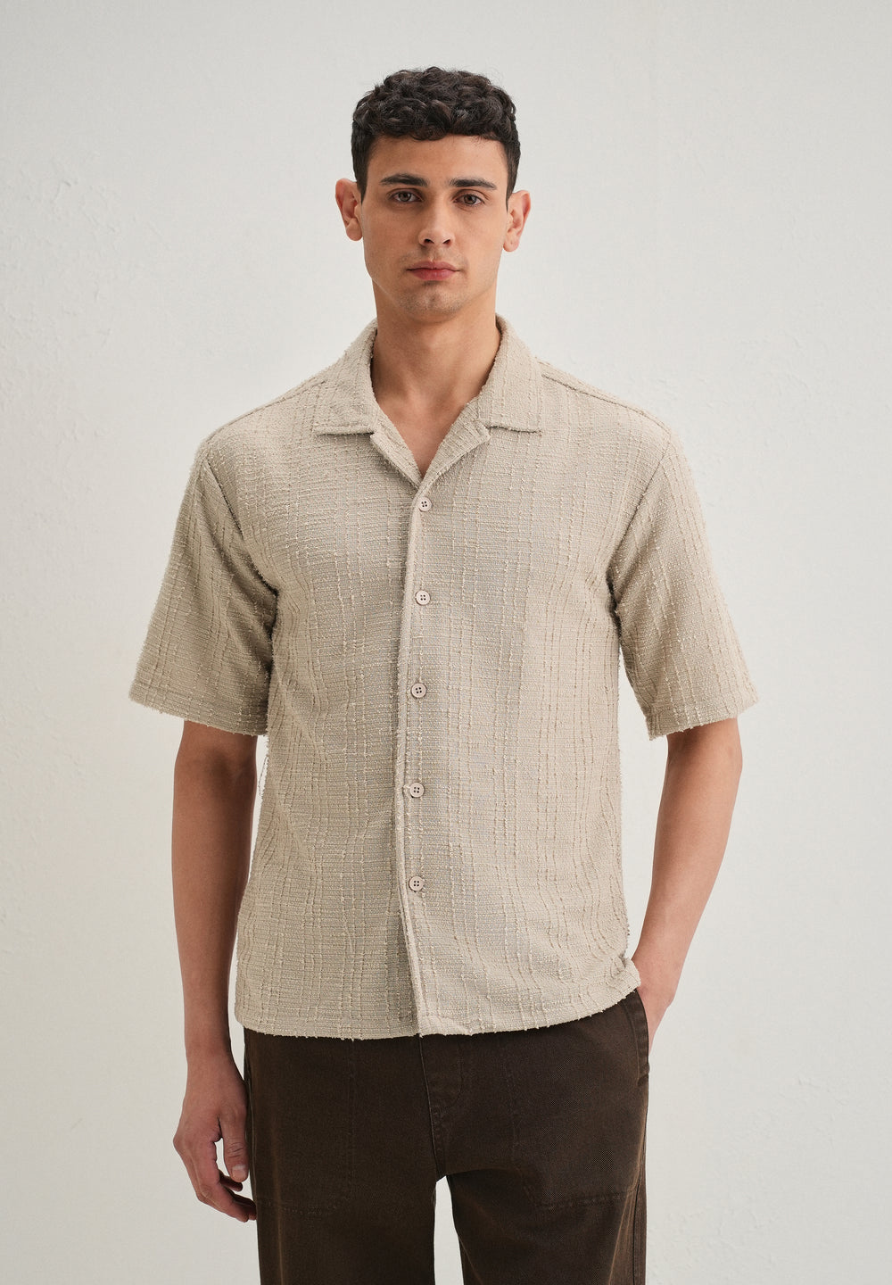 Beige Plain Cuban Collar Knitted Shirt
