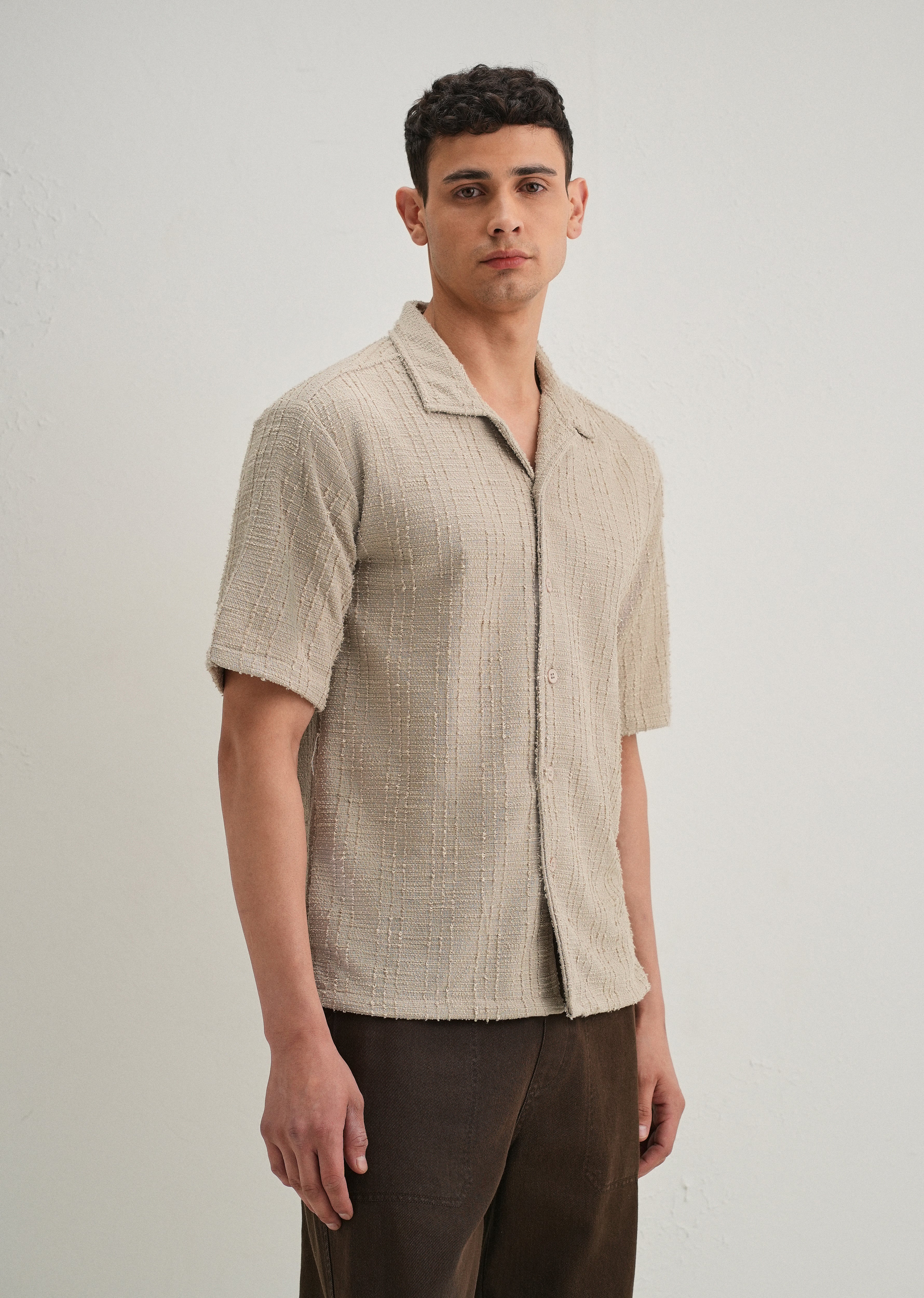 Beige Plain Cuban Collar Knitted Shirt