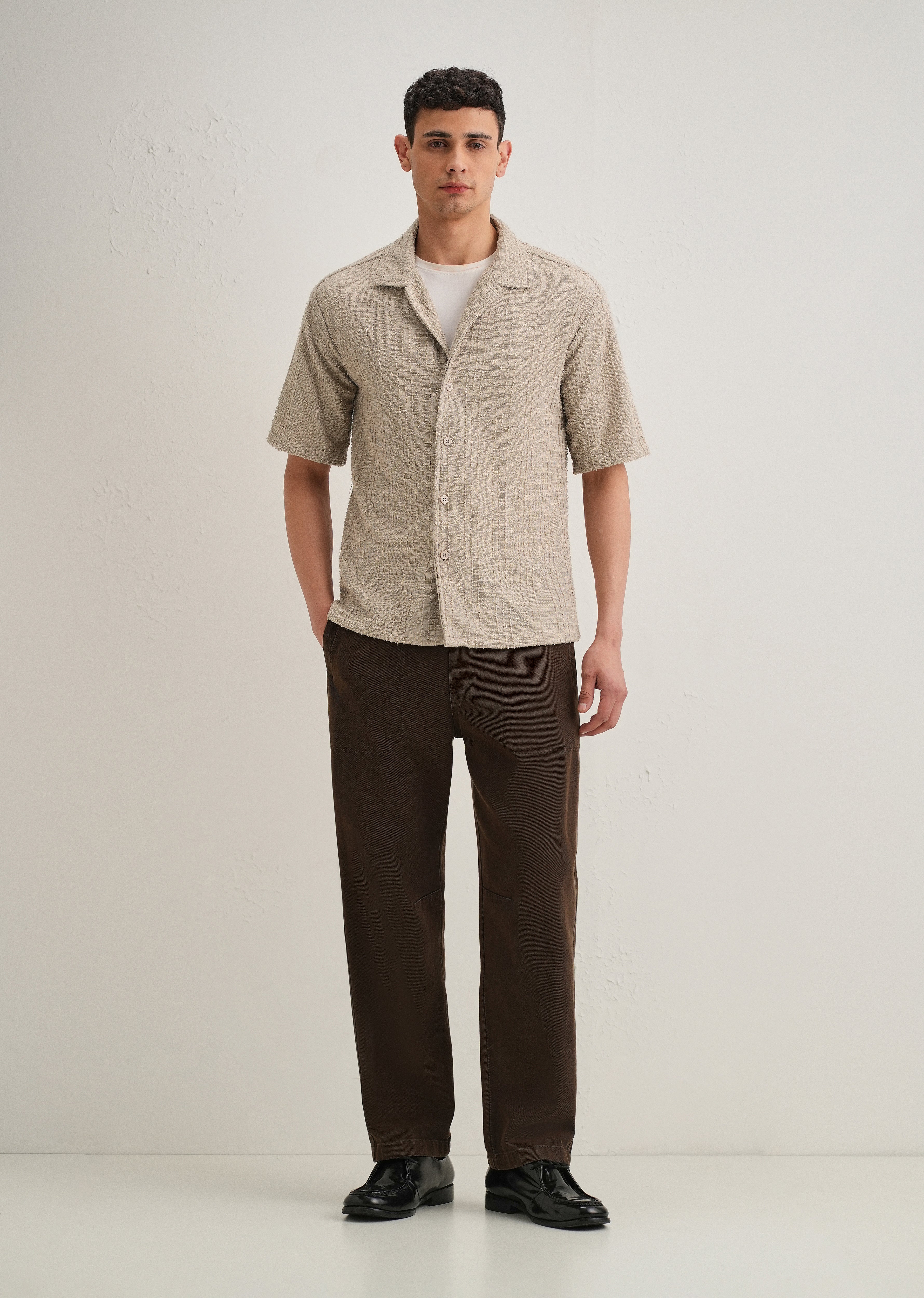 Beige Plain Cuban Collar Knitted Shirt