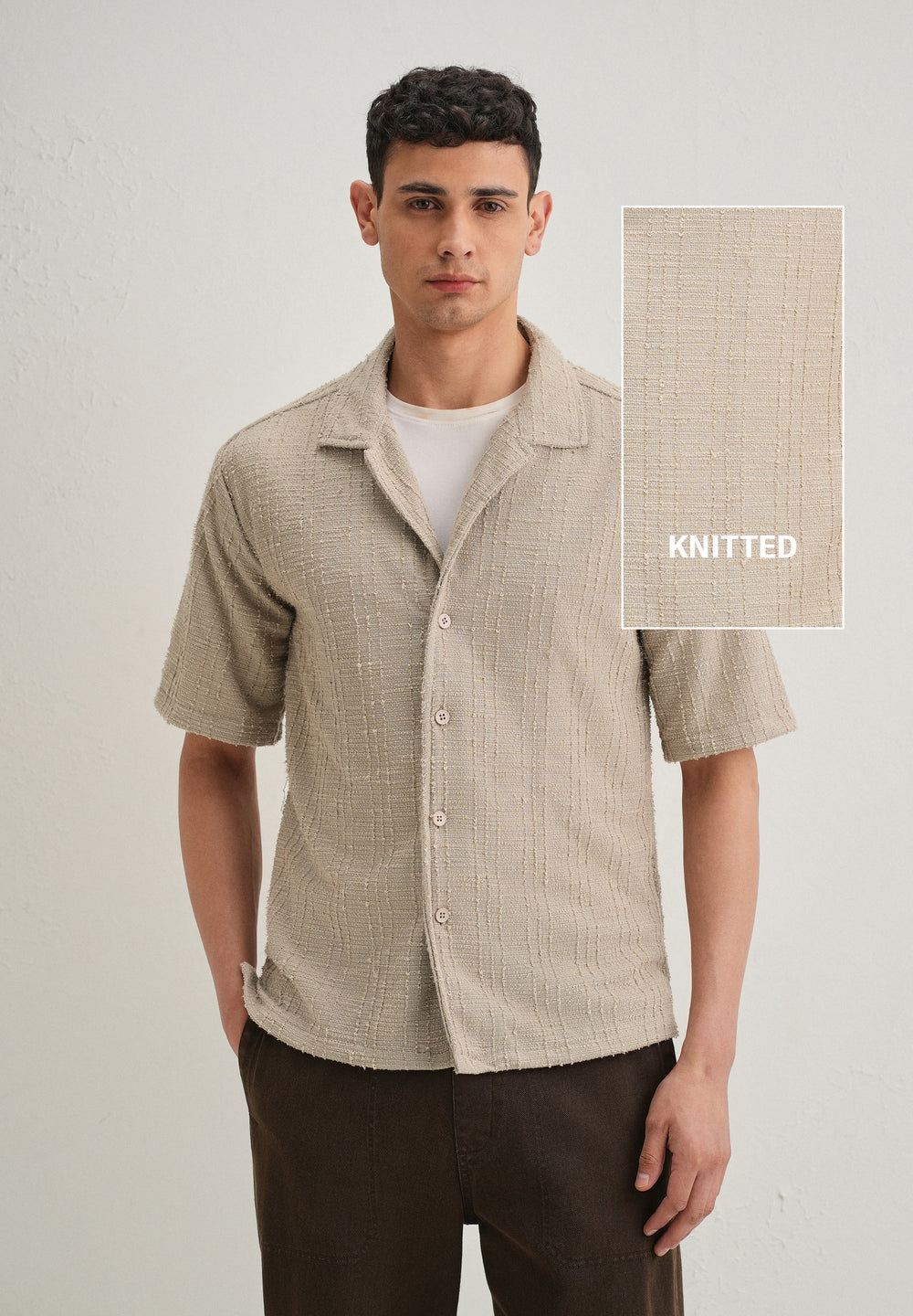 Beige Plain Cuban Collar Knitted Shirt