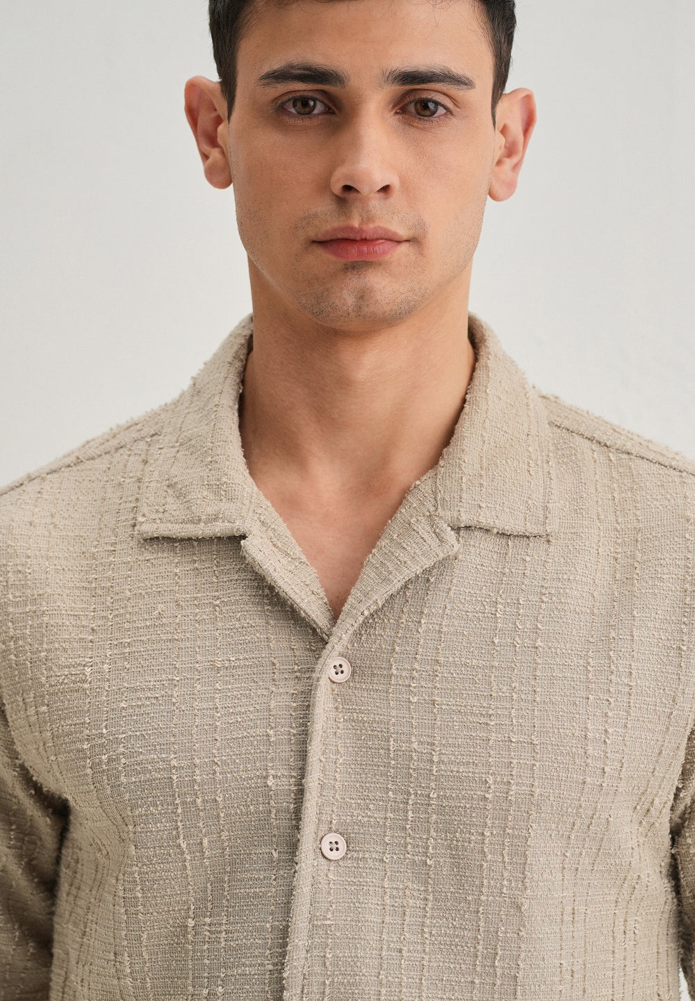 Beige Plain Cuban Collar Knitted Shirt