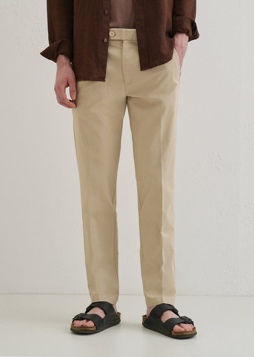 Beige Plain Pleated Chinos