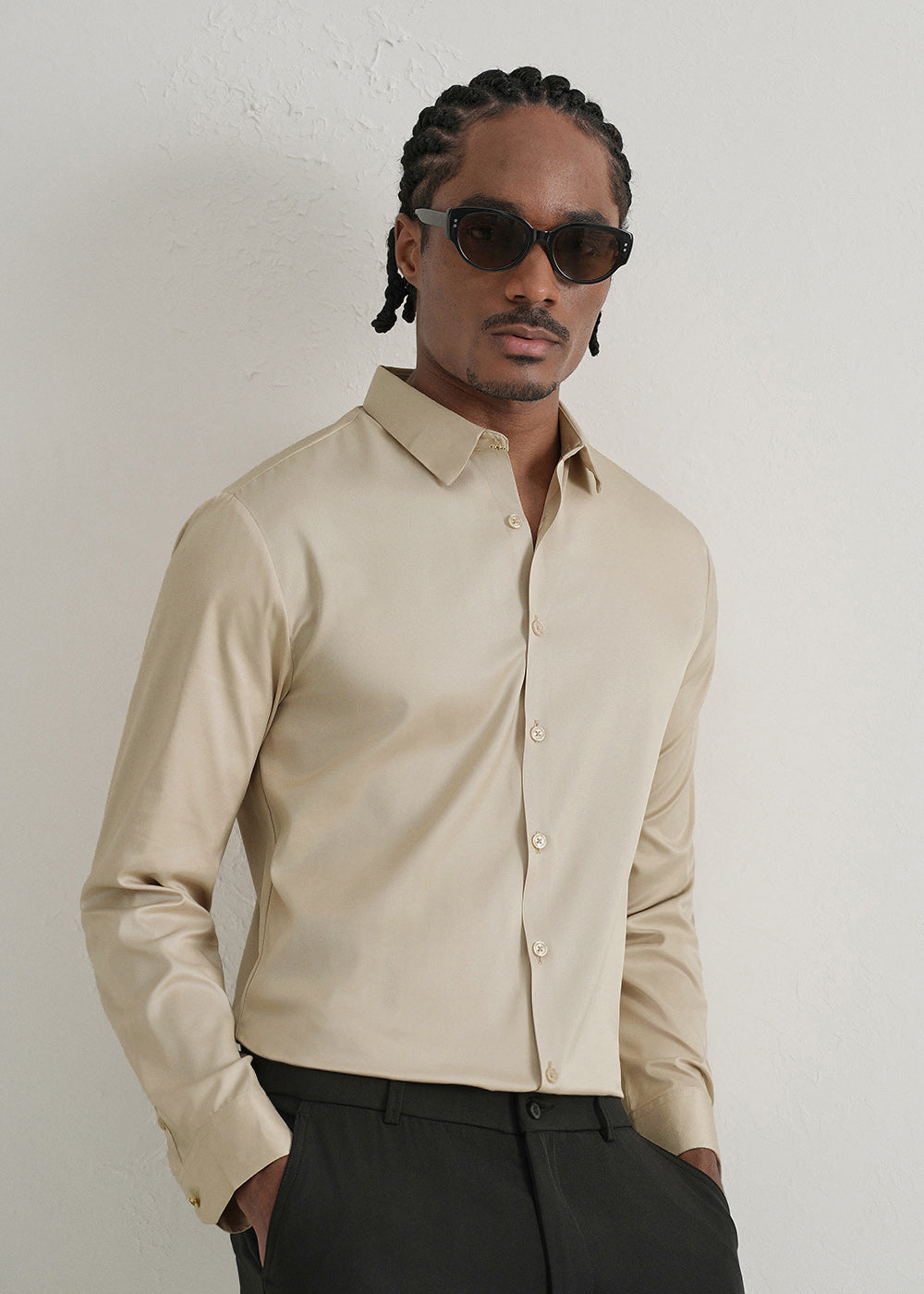 Beige Plain Stitchless Placket Shirt