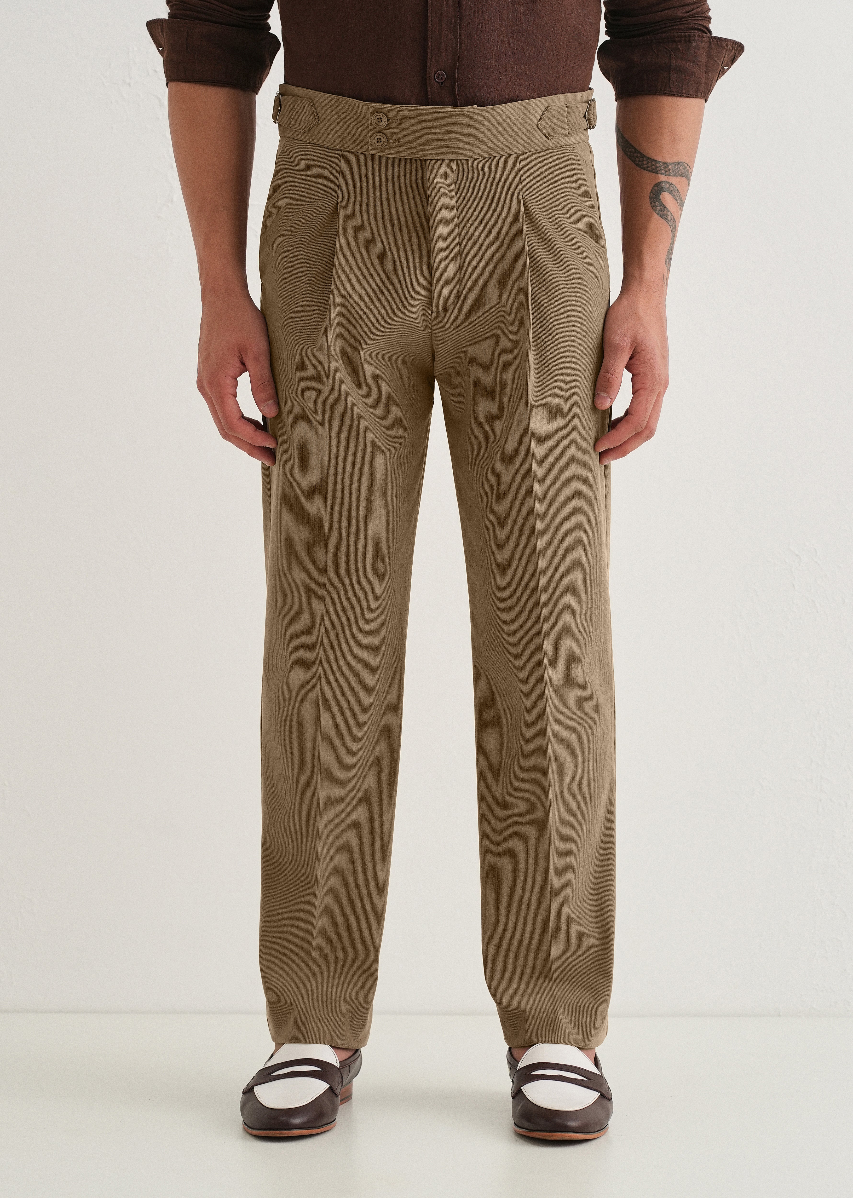 Beige Pleated Corduroy Gurkha Pant