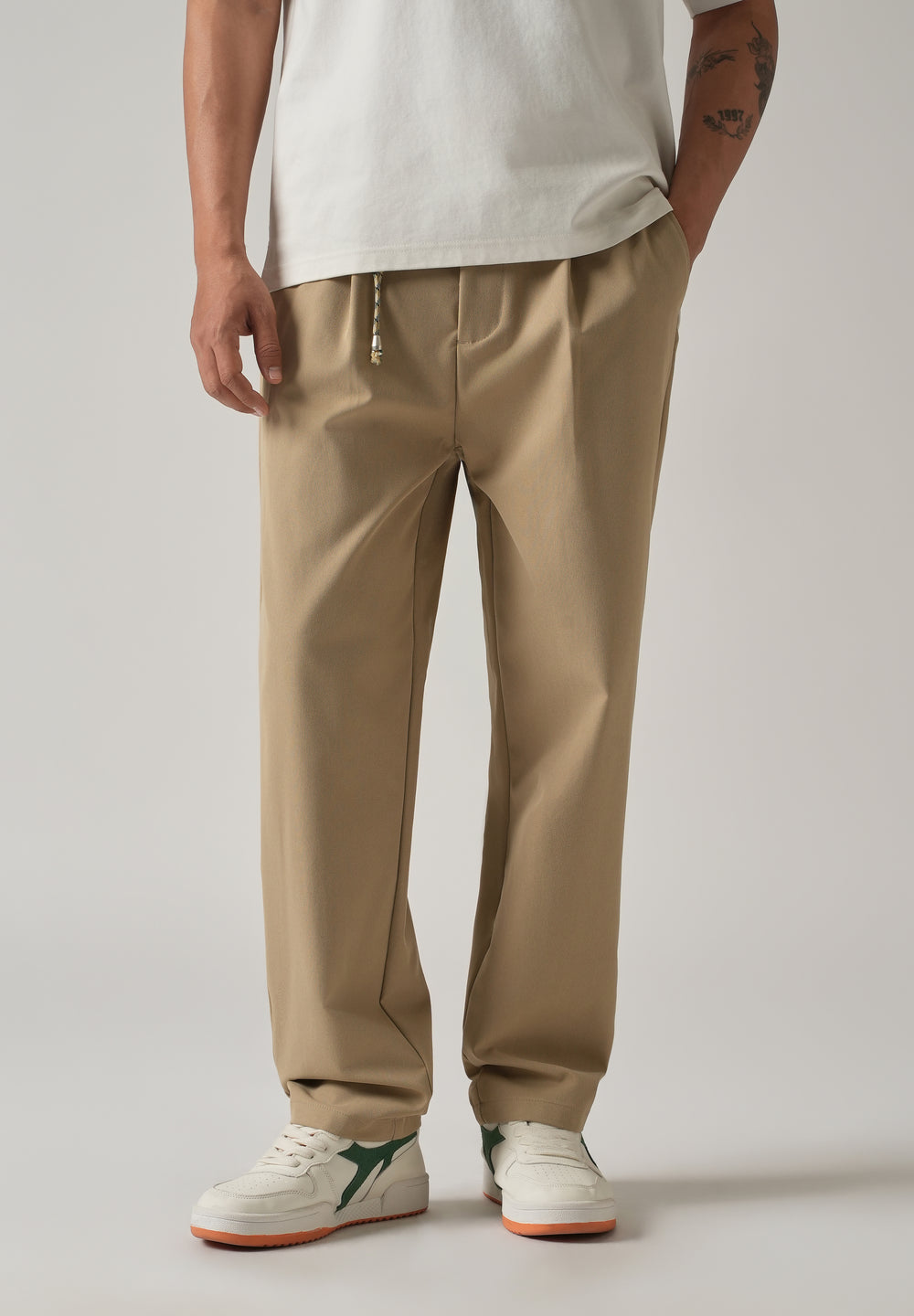 Beige Pleated Drawstring Pant