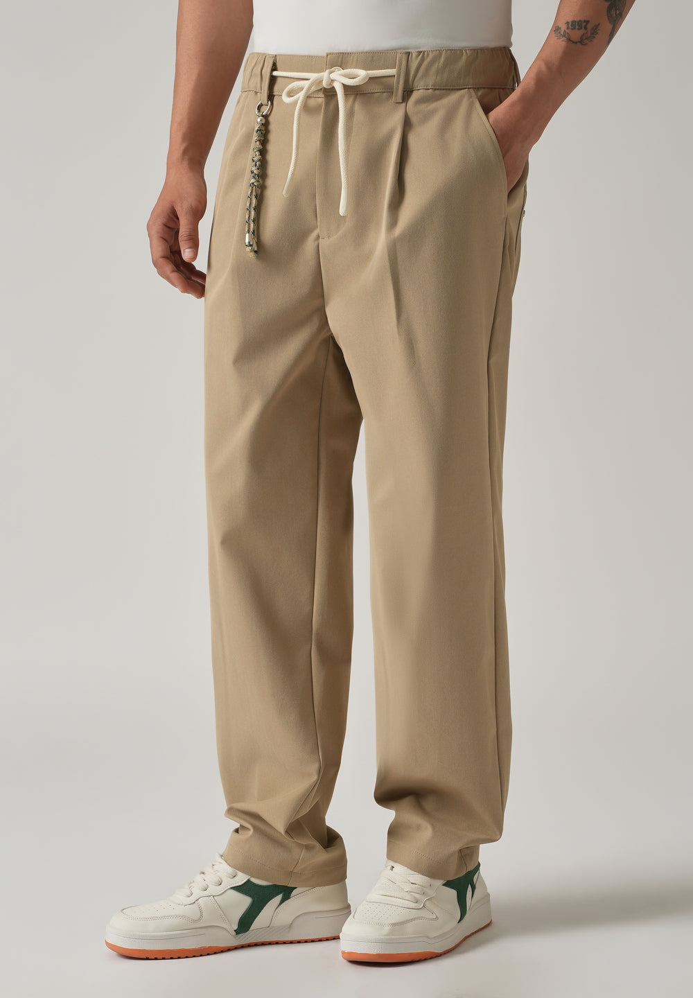 Beige Pleated Drawstring Pant