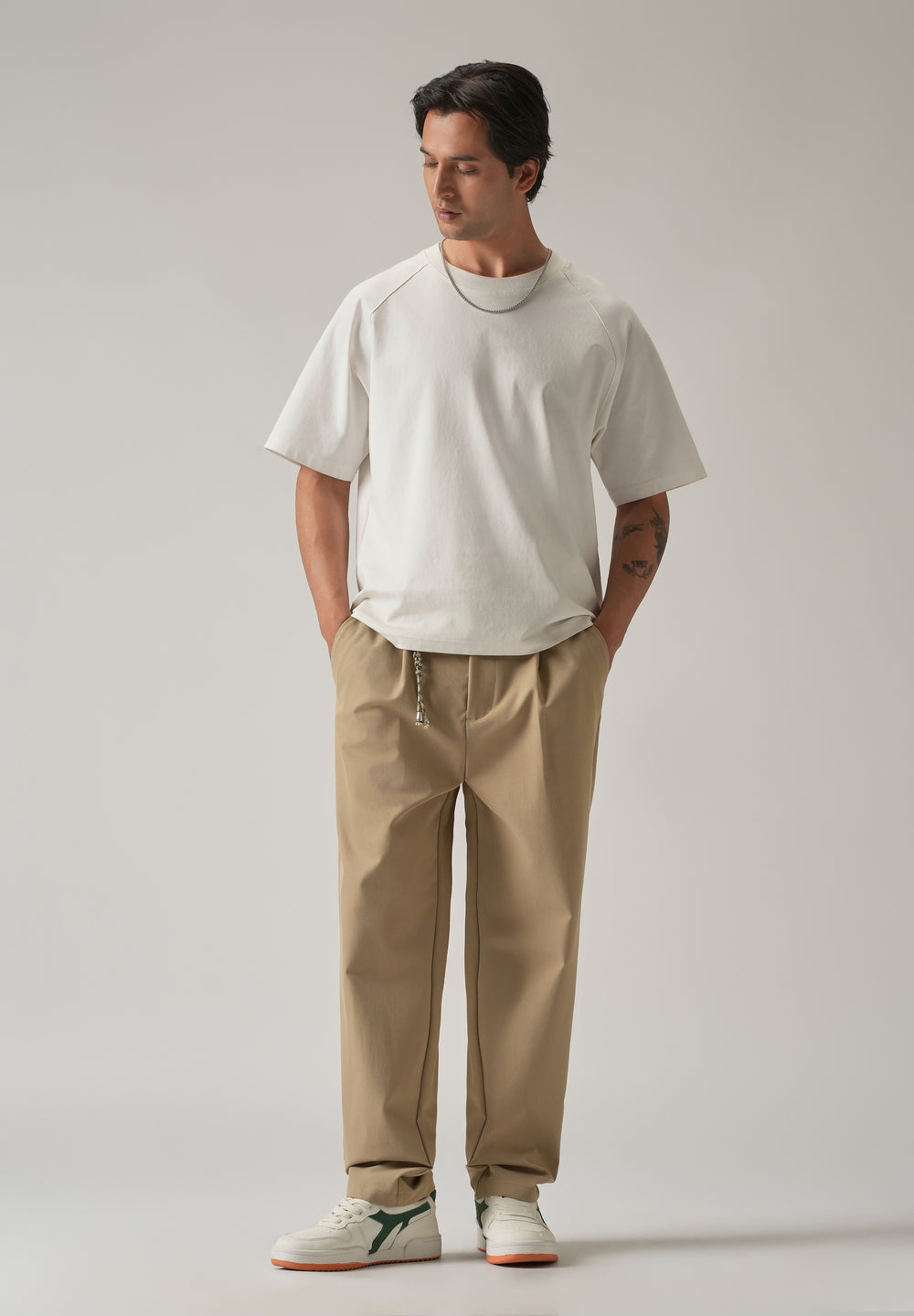 Beige Pleated Drawstring Pant