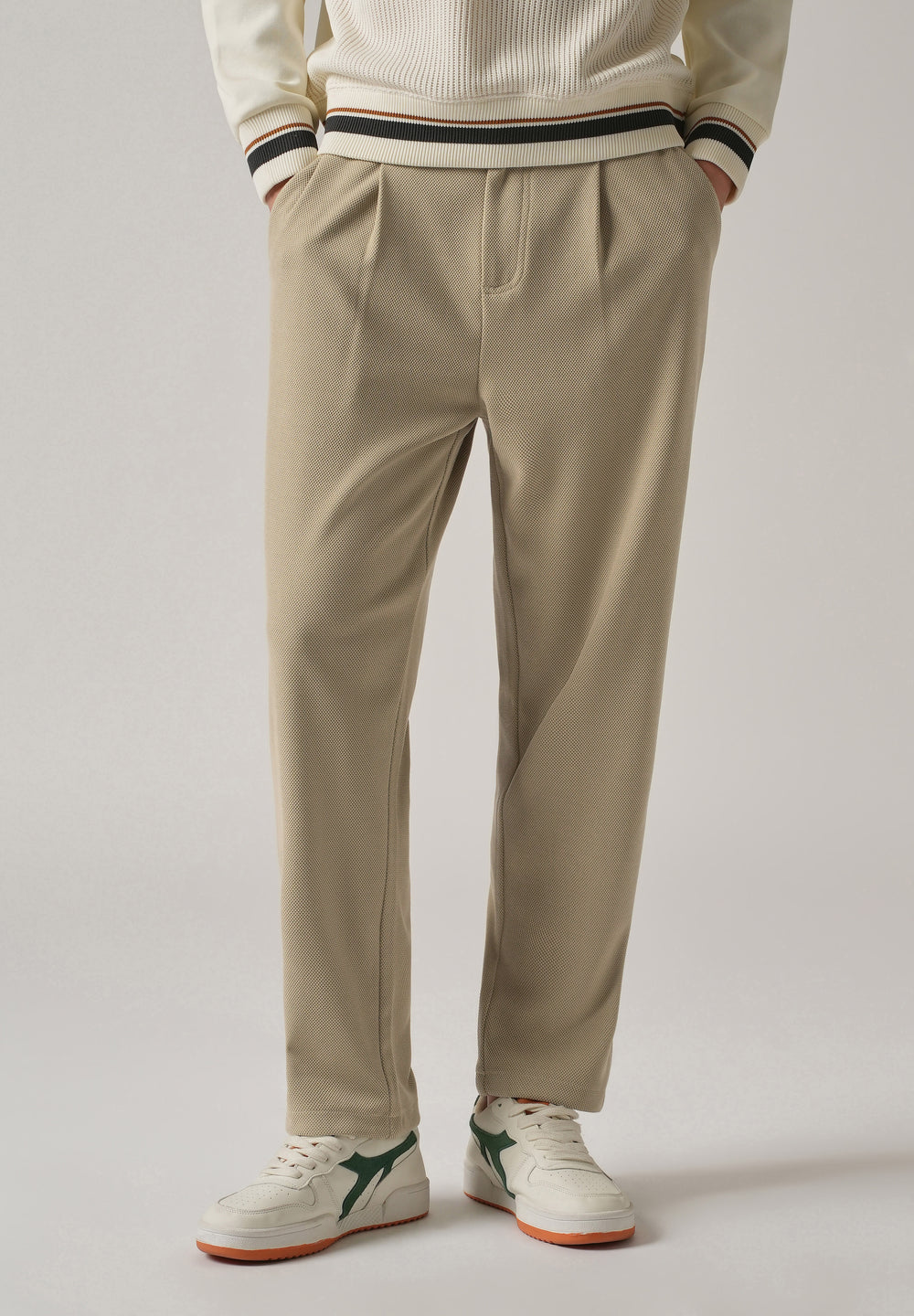 Beige Textured Pleated Relaxed Fit Pant