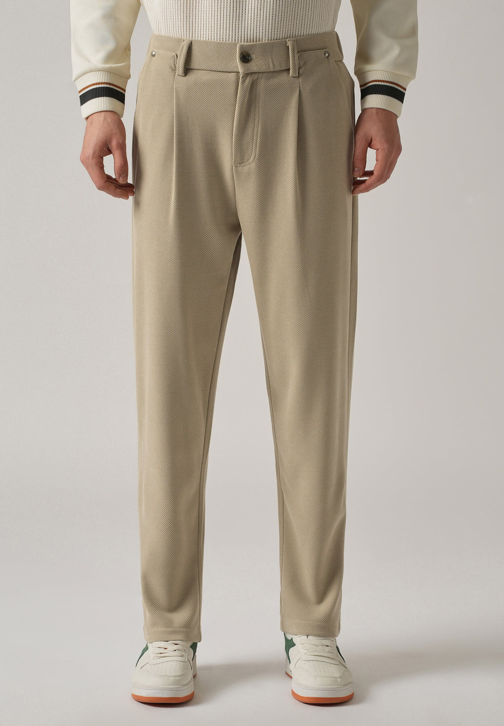 Beige Textured Pleated Relaxed Fit Pant