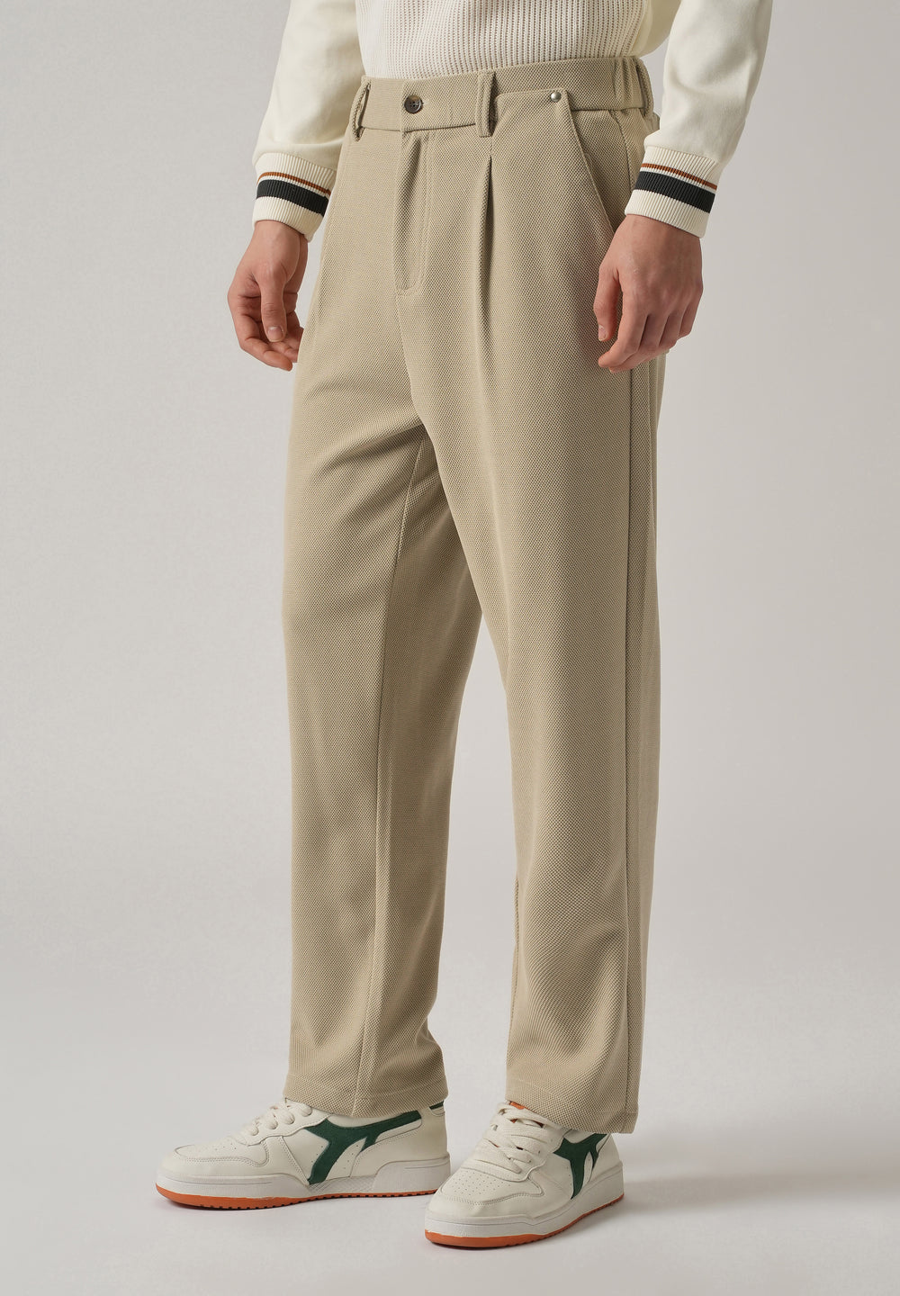 Beige Textured Pleated Relaxed Fit Pant
