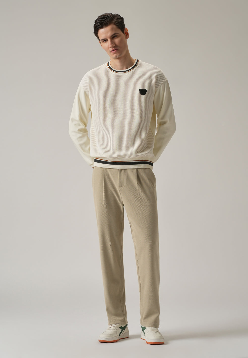 Beige Textured Pleated Relaxed Fit Pant