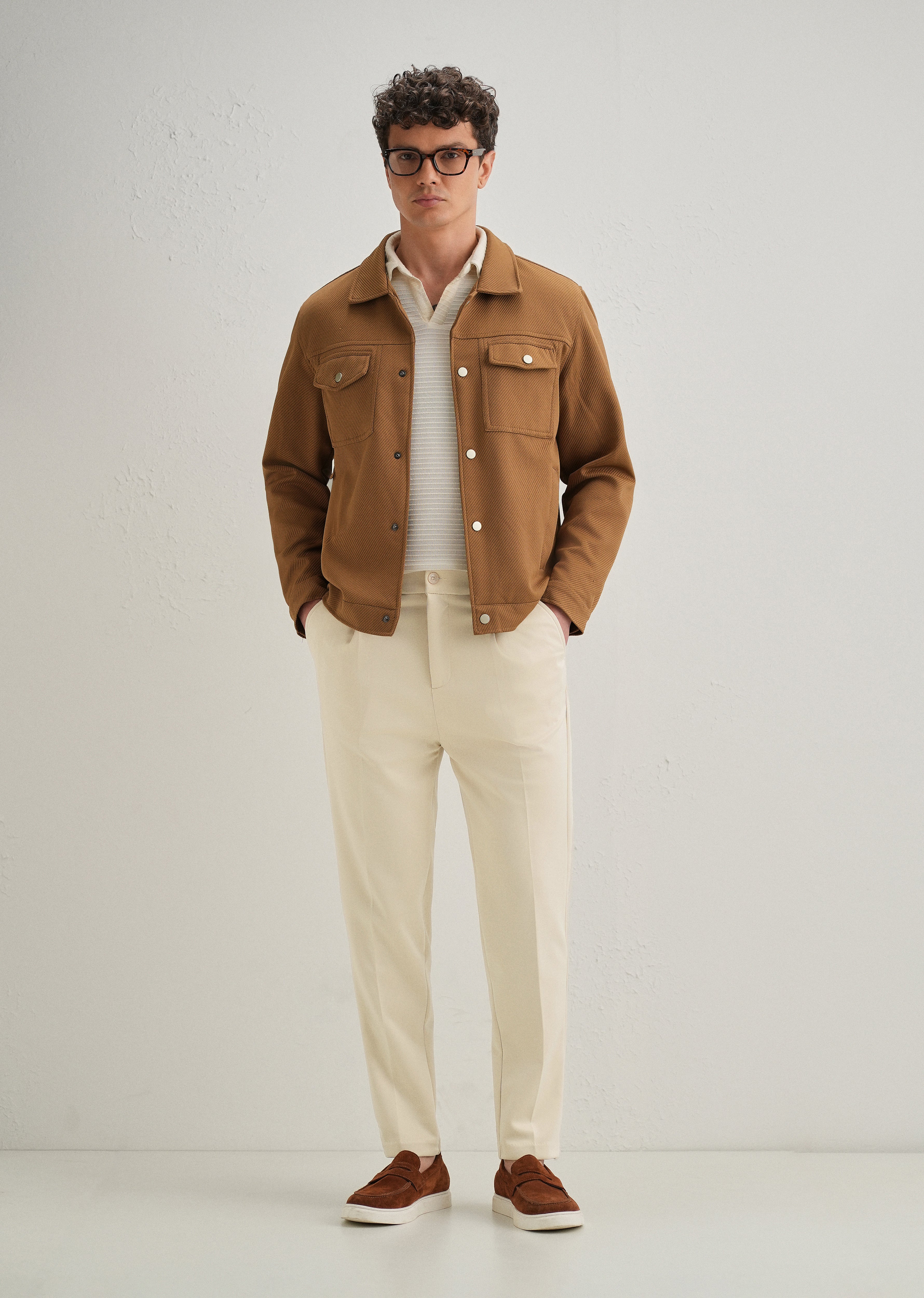 Beige Pleated Relaxed Fit Trousers