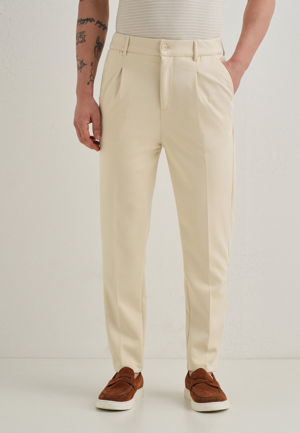 Beige Pleated Relaxed Fit Trousers