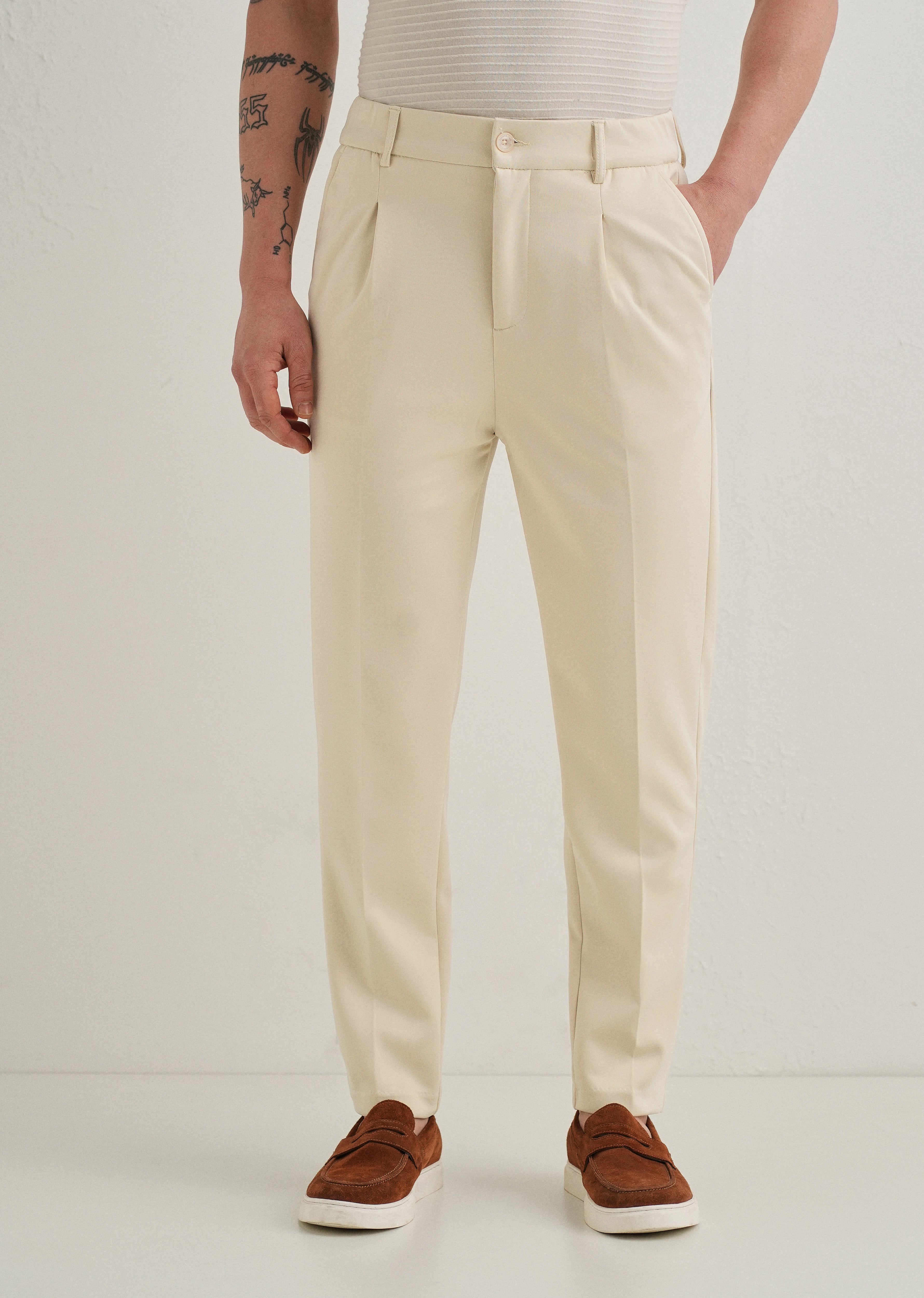 Beige Pleated Relaxed Fit Trousers