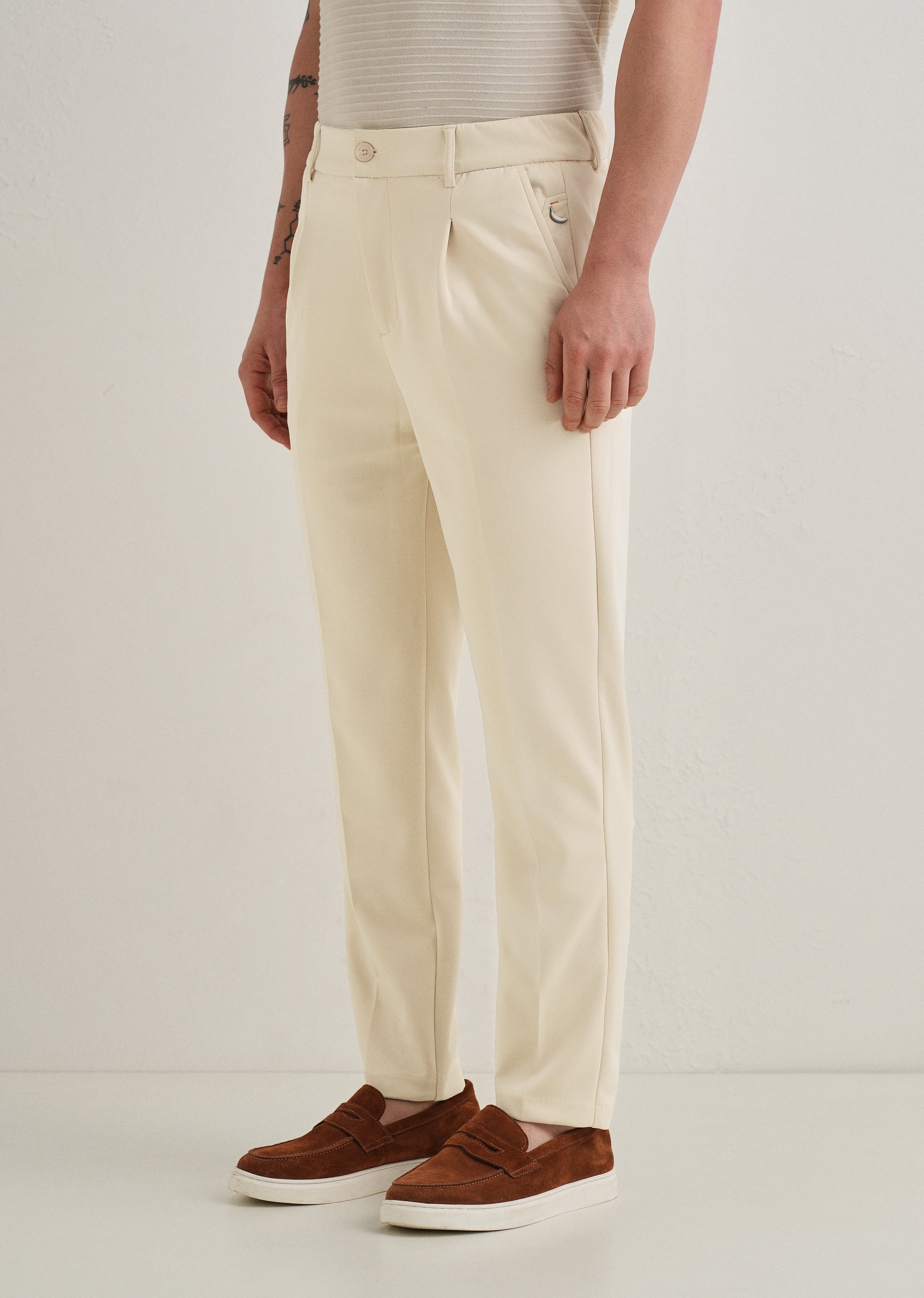 Beige Pleated Relaxed Fit Trousers