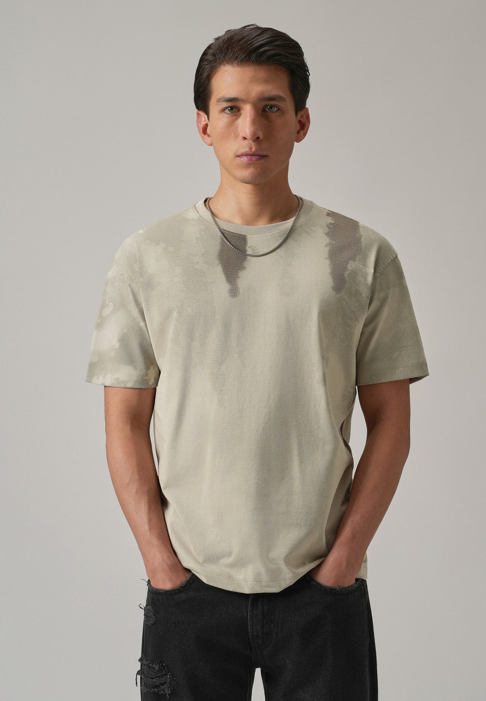 Beige Printed Slim Fit T-Shirt