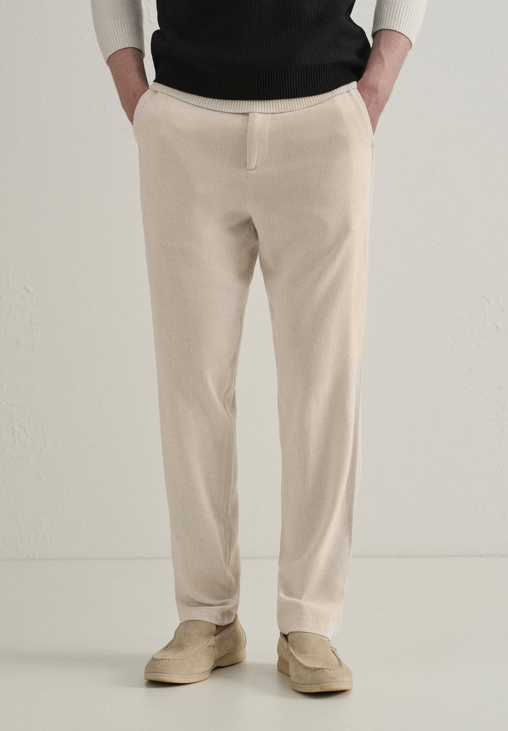 Beige Relaxed Fit Blended Linen Trouser